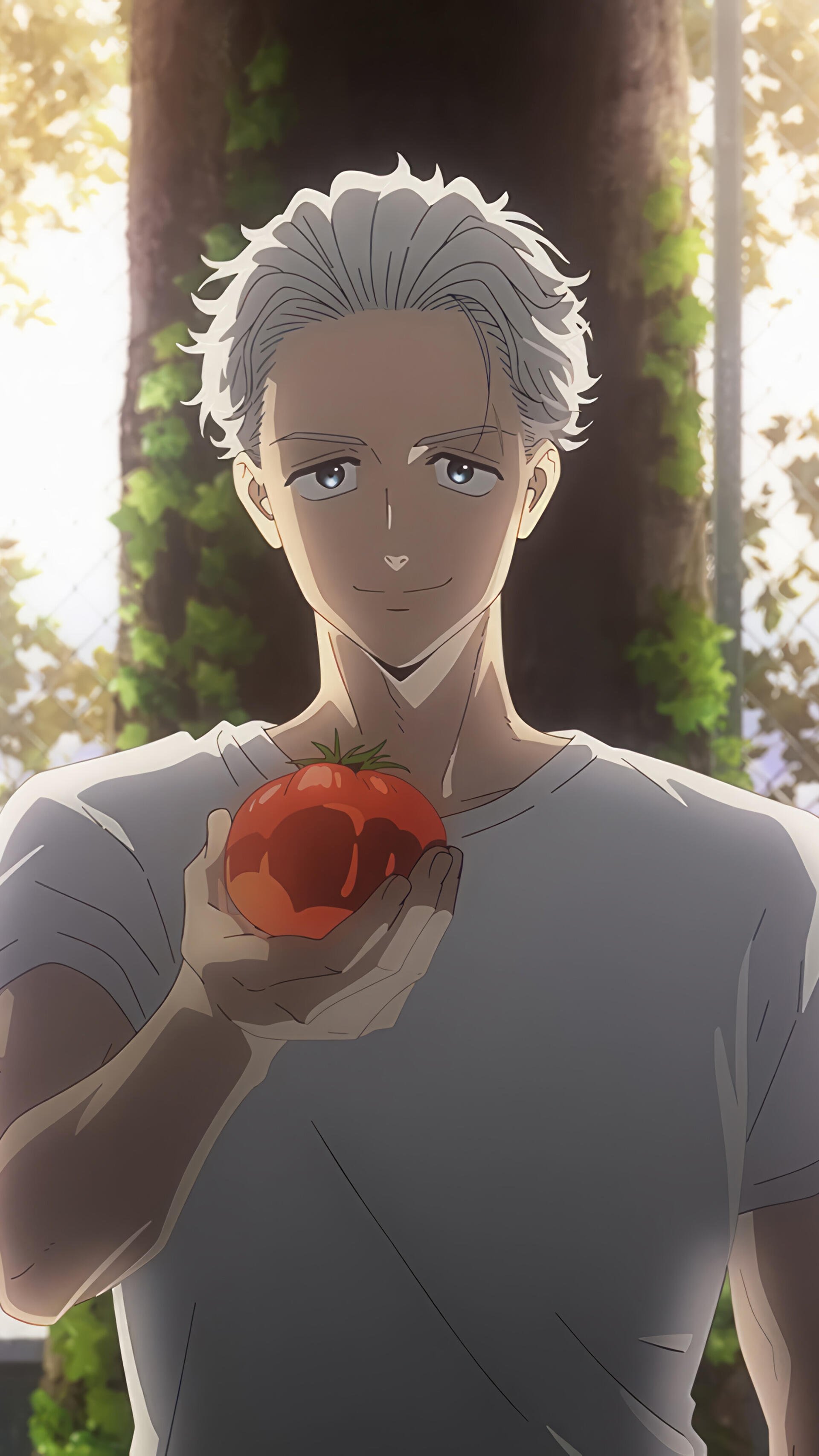 A phone wallpaper featuring Hajime Umemiya from anime Wind Breaker, showcasing him smiling while holding a red tomato in a serene, nature-filled background.