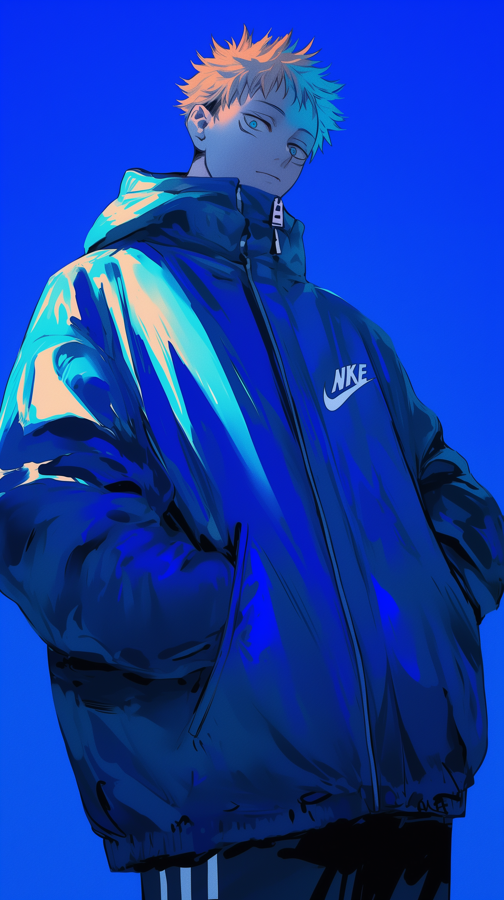 A stylish blue wallpaper featuring Yuji Itadori from Jujutsu Kaisen, showcasing his iconic look in a shiny jacket against a vibrant blue background.