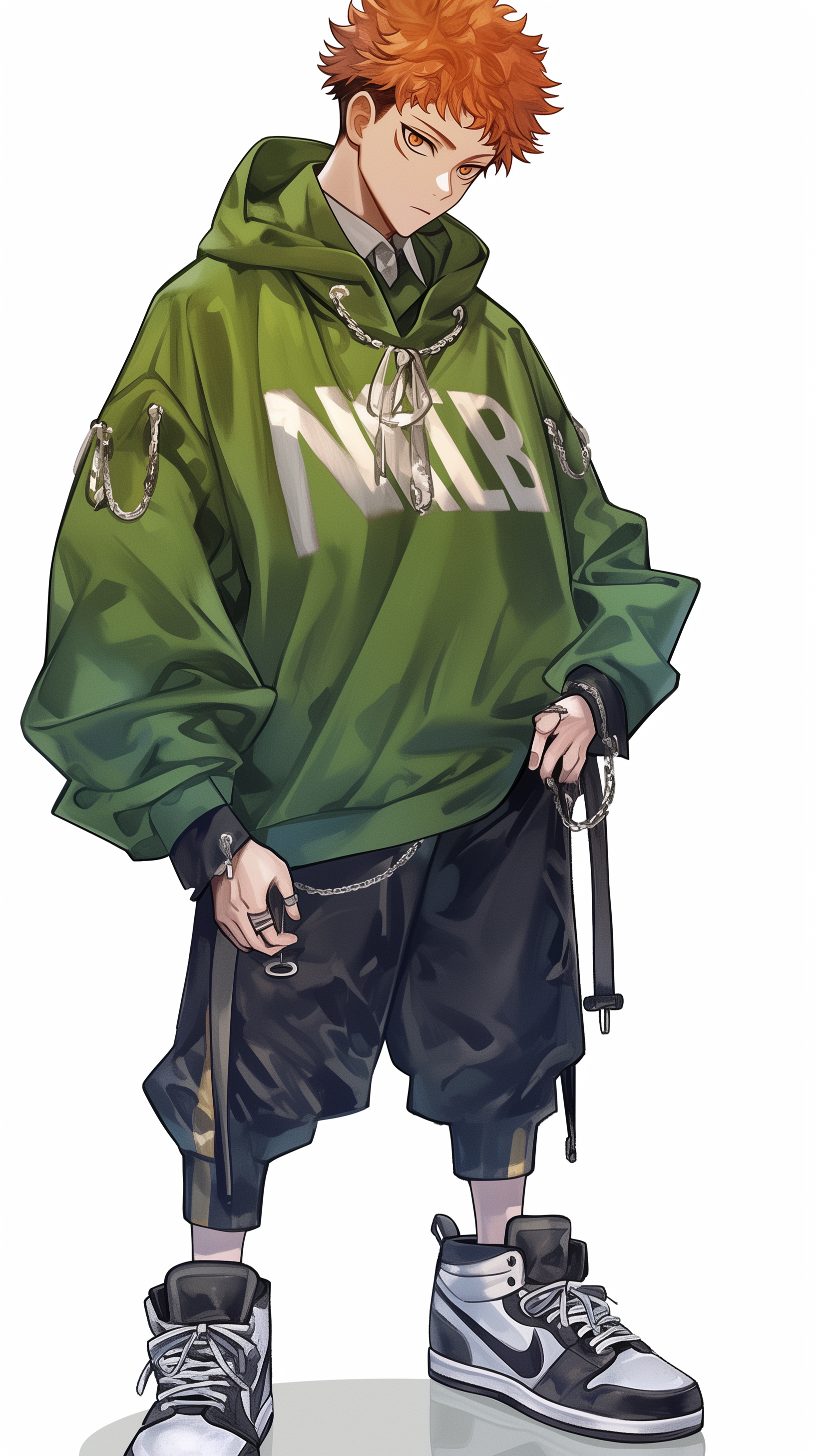 A vibrant phone wallpaper featuring Yuji Itadori from Jujutsu Kaisen, depicted in a green hoodie and black shorts, exuding a stylish, edgy vibe.