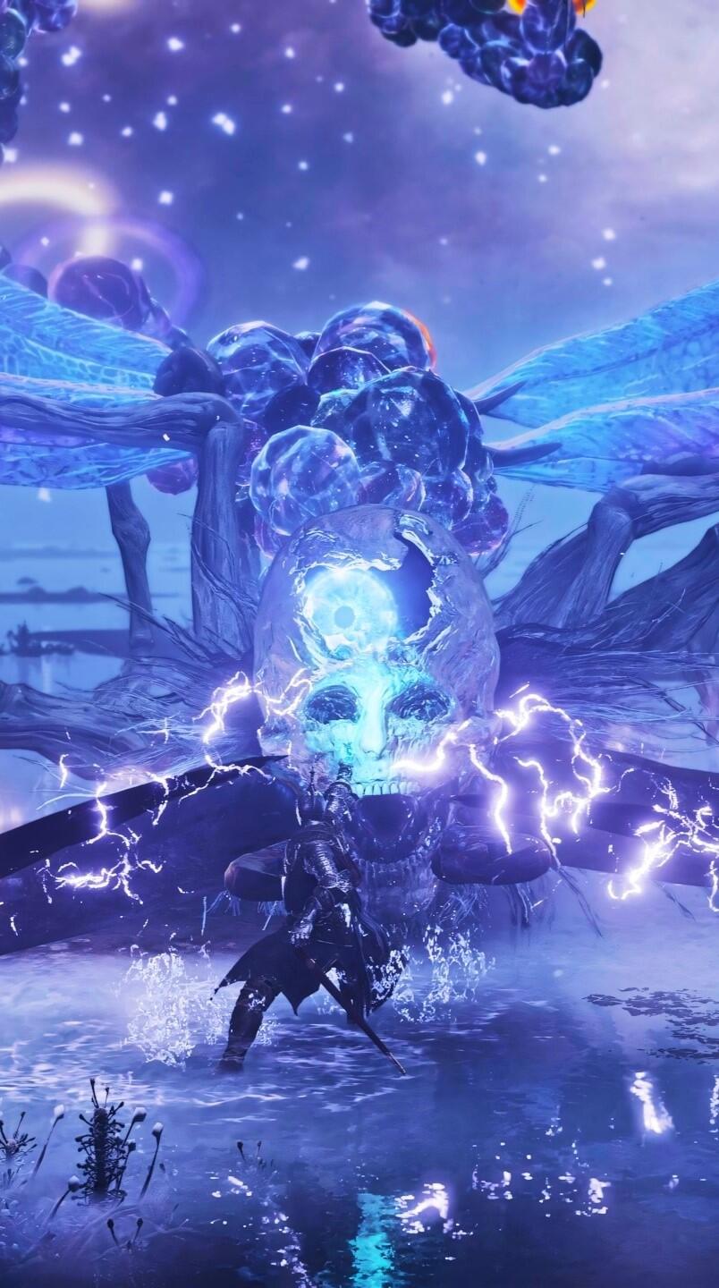 A cinematic scene from Elden Ring featuring a menacing creature with a skull face, surrounded by electric energy and atmospheric effects, designed as a phone wallpaper.