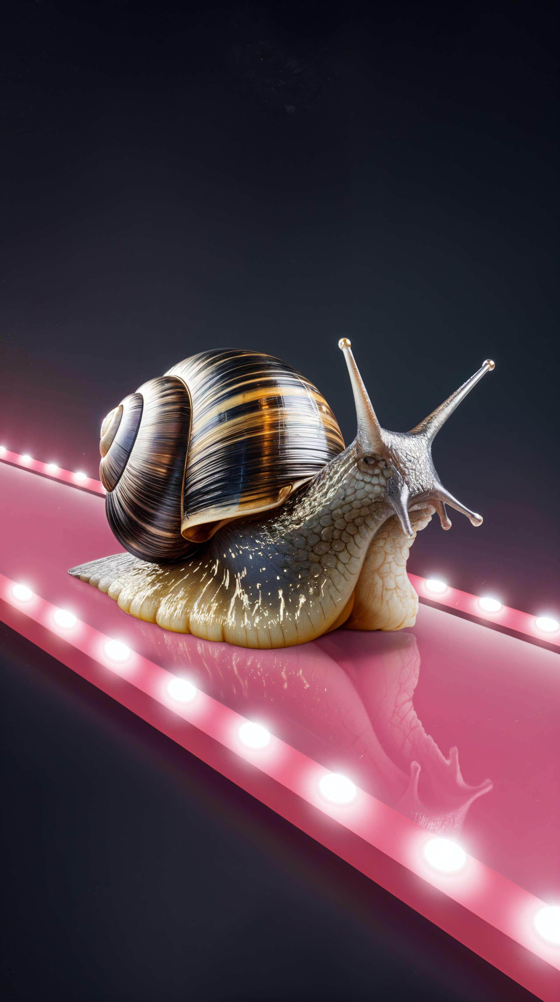 A detailed snail rests on a vibrant pink path illuminated by lights, making for an eye-catching phone wallpaper that blends nature with a modern touch.