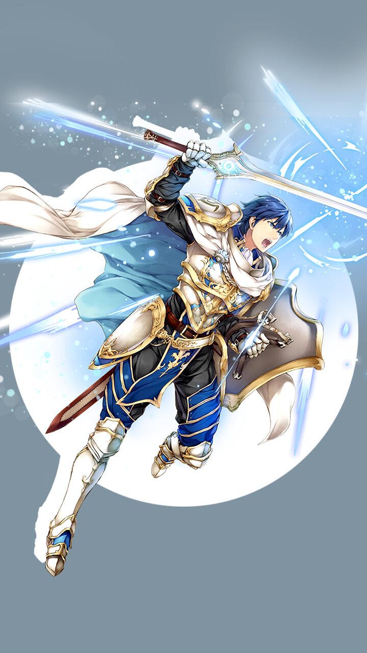 A dynamic illustration from the video game Fire Emblem, depicting a character in armor wielding a sword, set against a soft blue background, designed as a phone wallpaper.