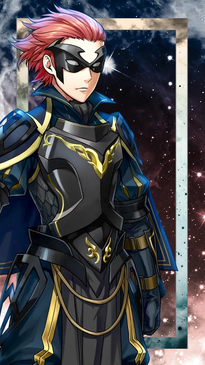 A character from the Fire Emblem video game, dressed in dark armor with a blue cape, stands against a cosmic background, creating an engaging phone wallpaper.