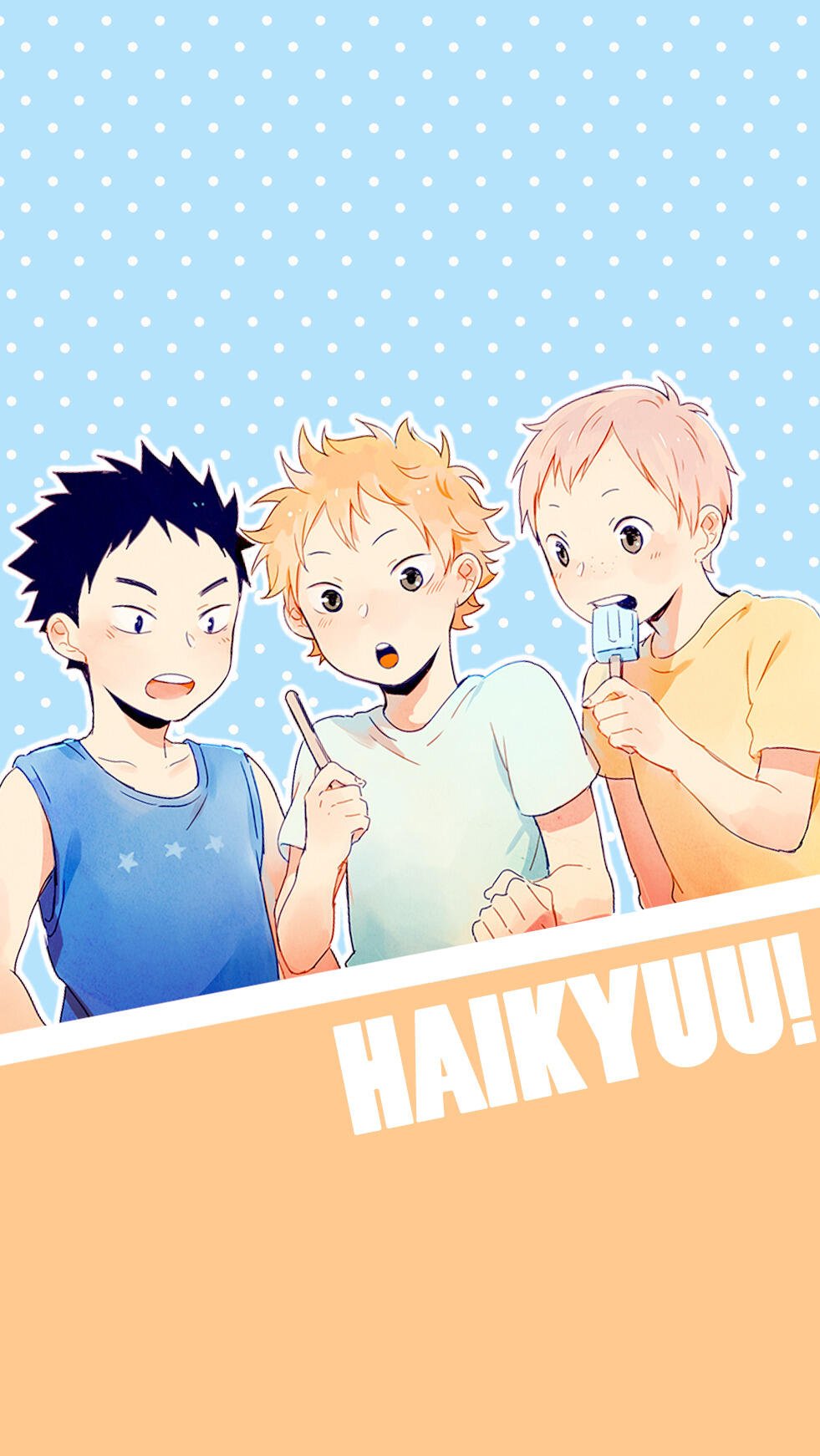 A vibrant phone wallpaper featuring characters from Haikyū!!: Shōyō Hinata with his blonde hair, Tobio Kageyama, and a friend, all smiling against a polka dot background.