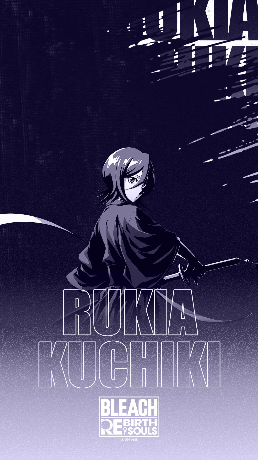 A purple-themed phone wallpaper featuring Rukia Kuchiki from the anime Bleach, showcasing her in a poised stance with a sword, emphasizing her character's strength and determination.