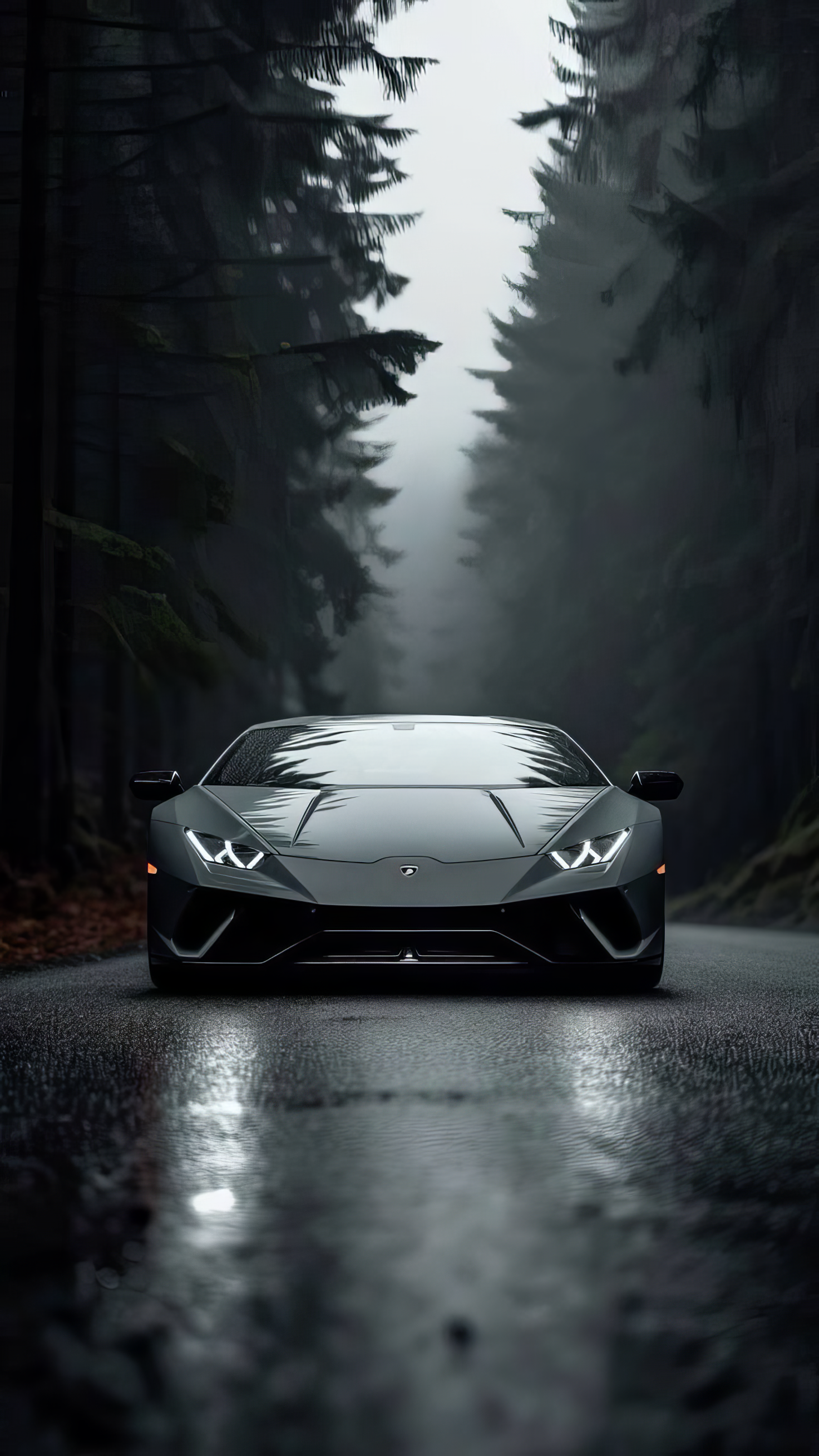A sleek black Lamborghini sits on a wet, winding road surrounded by dense forest, exuding a modern and powerful vibe, perfect for a stylish phone wallpaper.