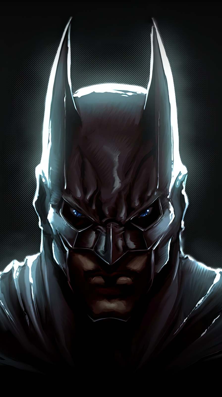 Dark, intense comic-style Batman close-up with glowing eyes and sharp cowl, designed as a striking phone wallpaper compatible with both iPhones and Android devices.