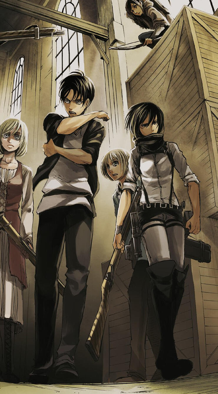 Phone wallpaper featuring manga characters Eren Yeager and Mikasa Ackerman from Attack on Titan, showcasing a dramatic and intense scene in muted tones.