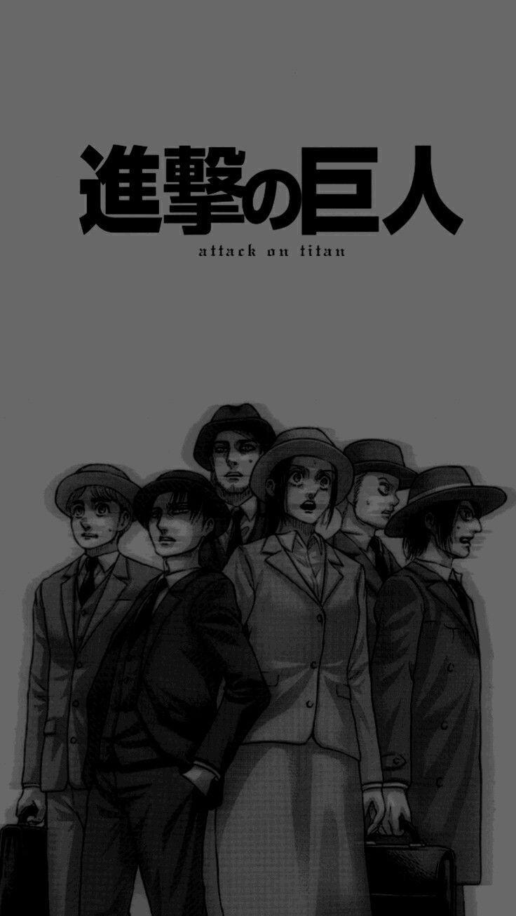 Anime-themed Attack on Titan phone wallpaper featuring six characters in vintage suits and hats against a gray background with Japanese and English title text.