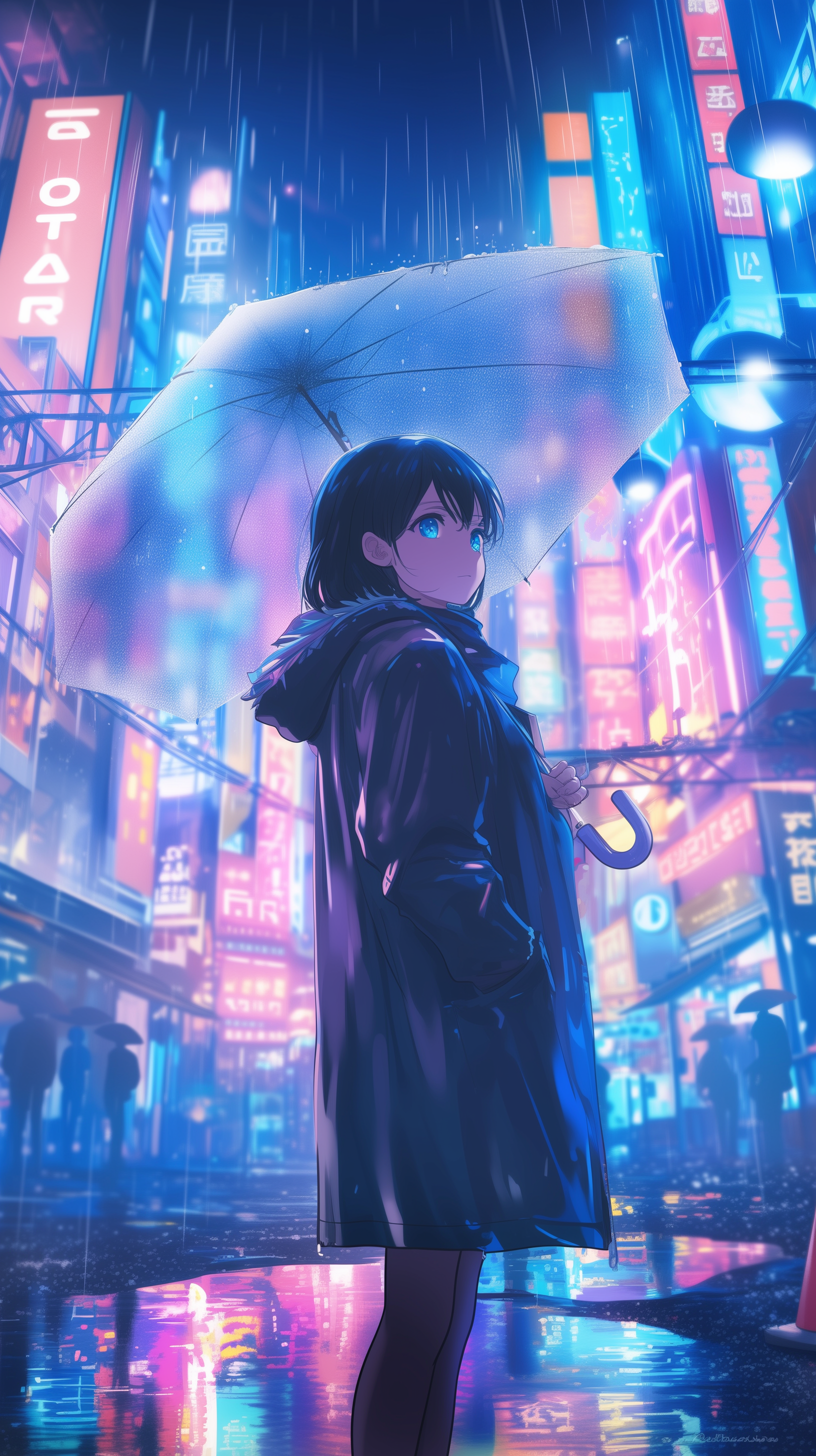 Anime girl stands in neon-lit futuristic city rain, holding a transparent umbrella; vibrant colors reflect on wet streets, designed as a phone wallpaper for iPhone and Android.