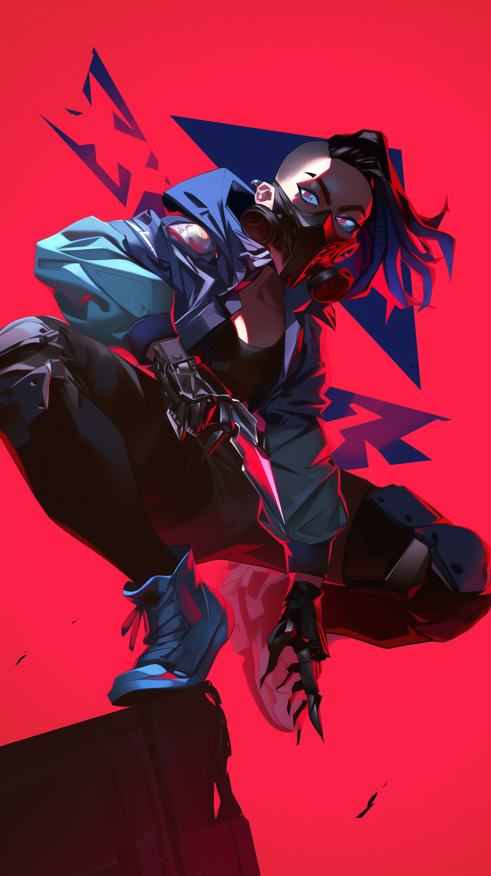 A striking phone wallpaper featuring a red anime character from the video game Valorant, showcasing a bold, dynamic pose and vibrant colors for an eye-catching aesthetic.