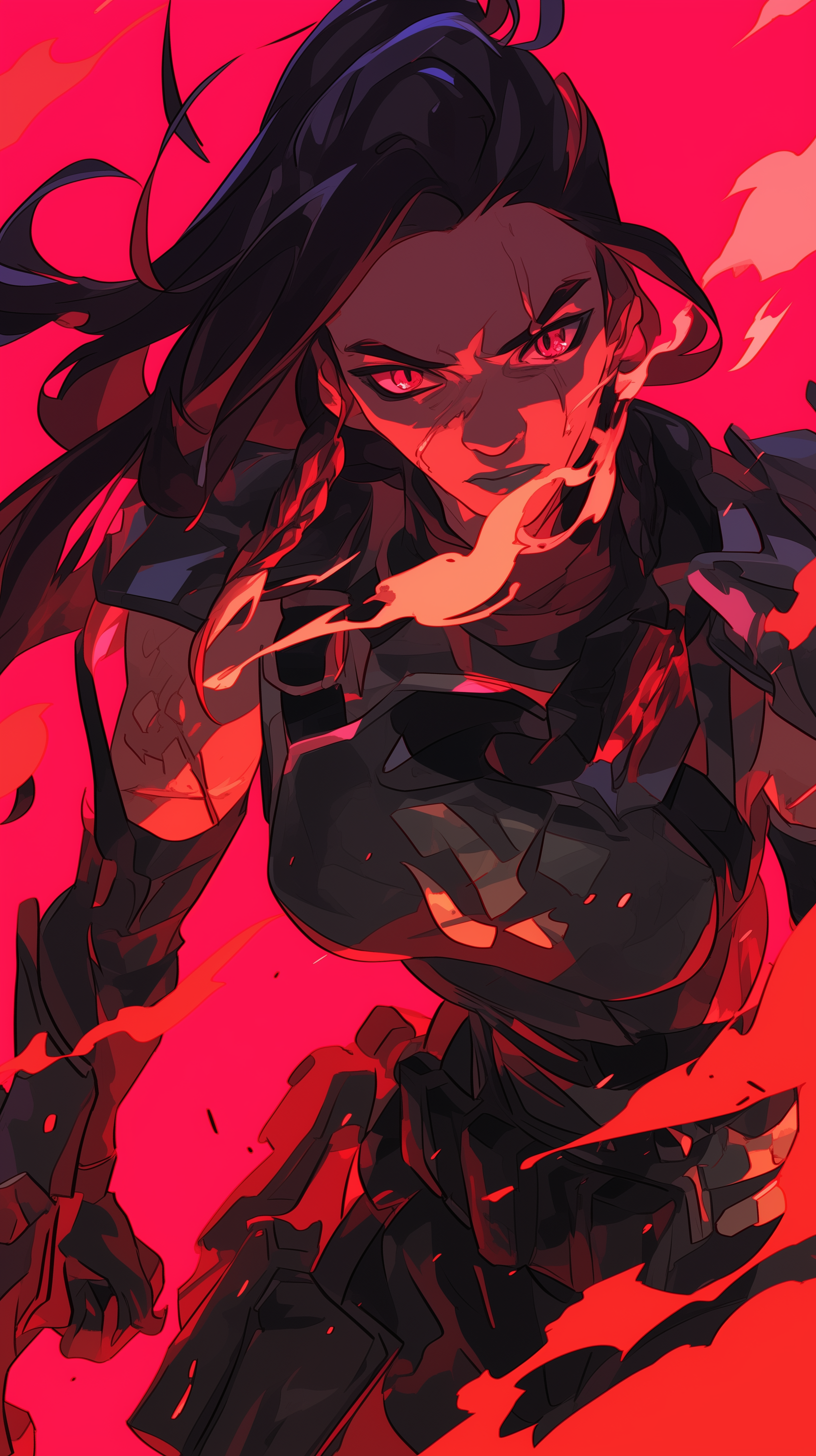 Phone wallpaper featuring Reyna from Valorant in a dynamic pose with intense red and black tones, designed for both iPhone and Android devices.