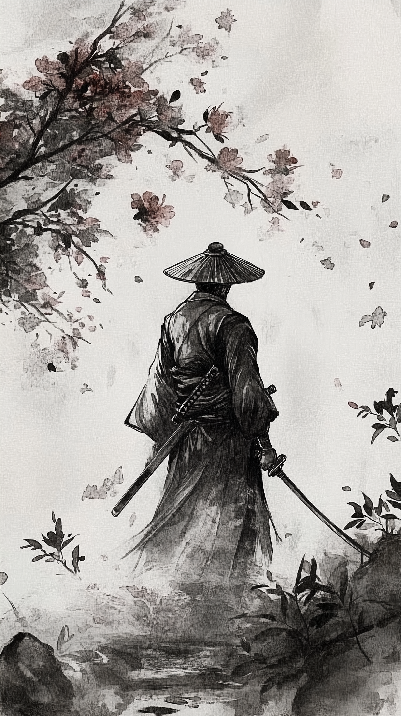 Black and white ink Japanese art phone wallpaper depicting a samurai with swords under blooming cherry blossoms, designed for iPhone and Android screens.