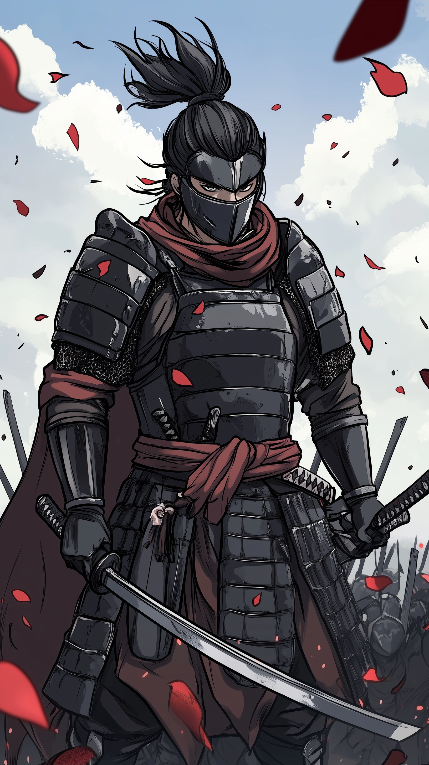 A fierce samurai warrior dressed in intricate armor stands ready for battle, surrounded by falling petals, creating a striking and powerful phone wallpaper for iPhones and Androids.
