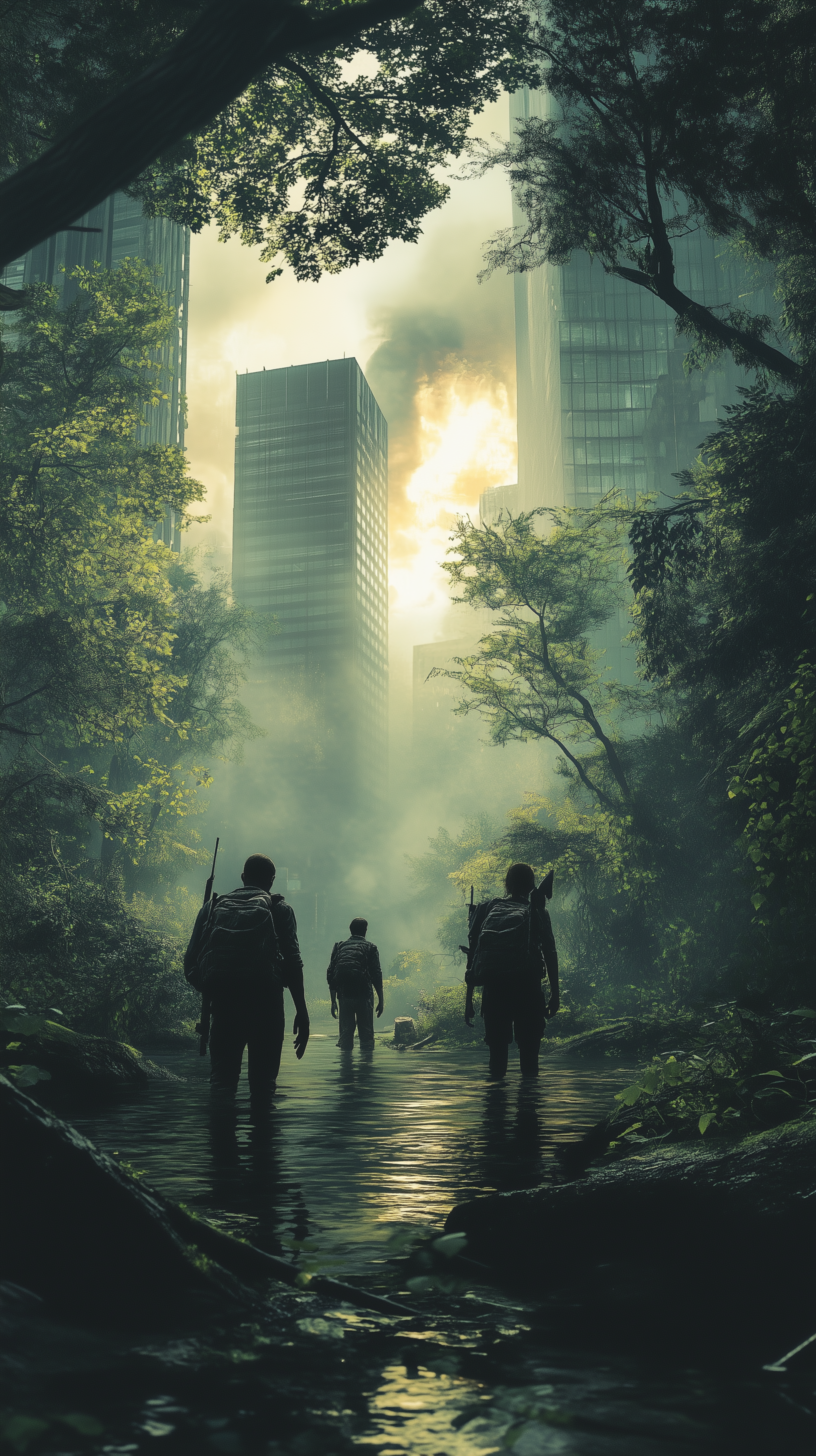 A post-apocalyptic cityscape where nature reclaims skyscrapers, with three figures walking through a flooded forest, captured as a phone wallpaper for iPhones and Android.