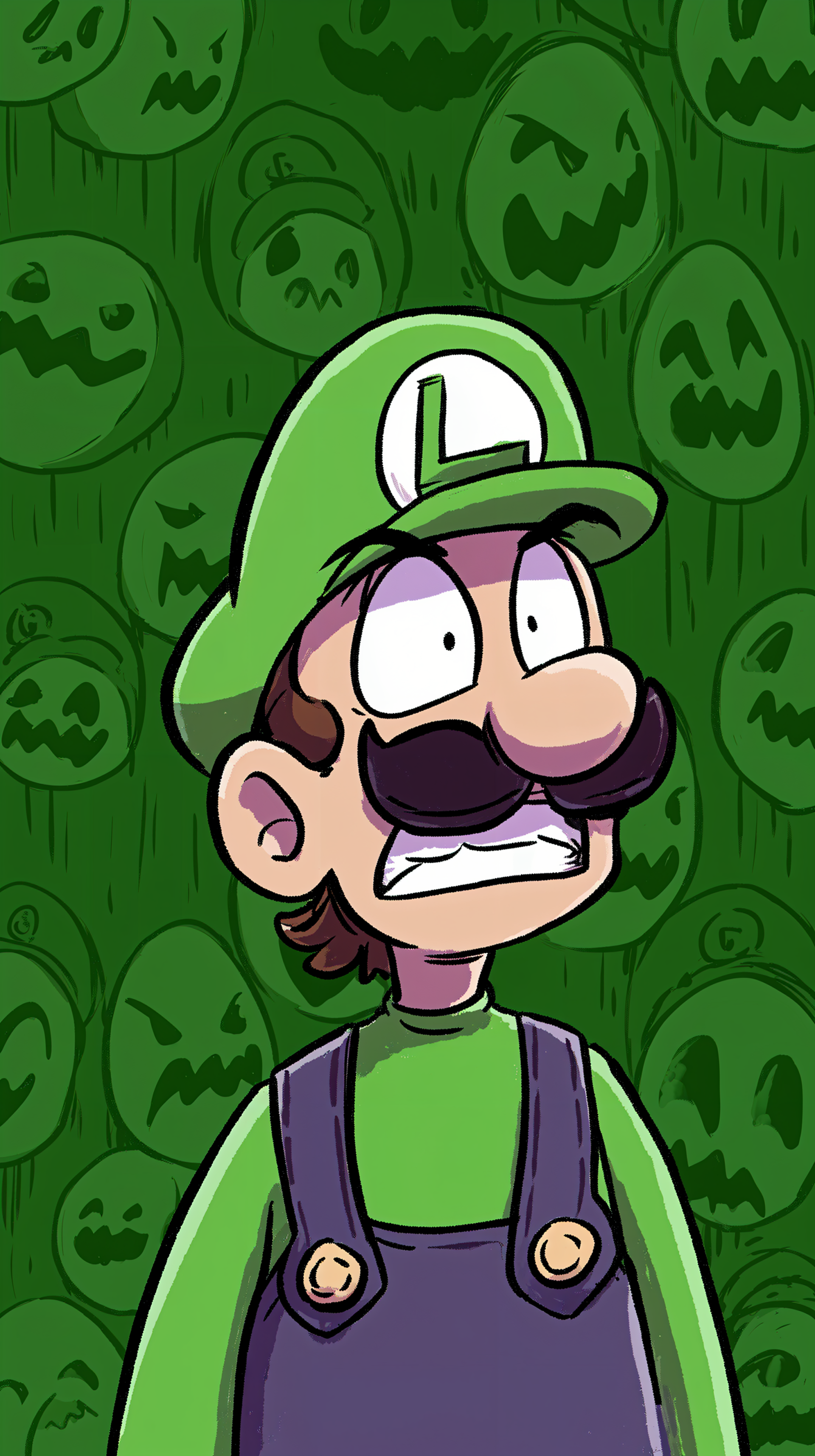 Luigi looks startled against a green background featuring ghostly faces, making this vibrant phone wallpaper a fun choice for any iPhone or Android.