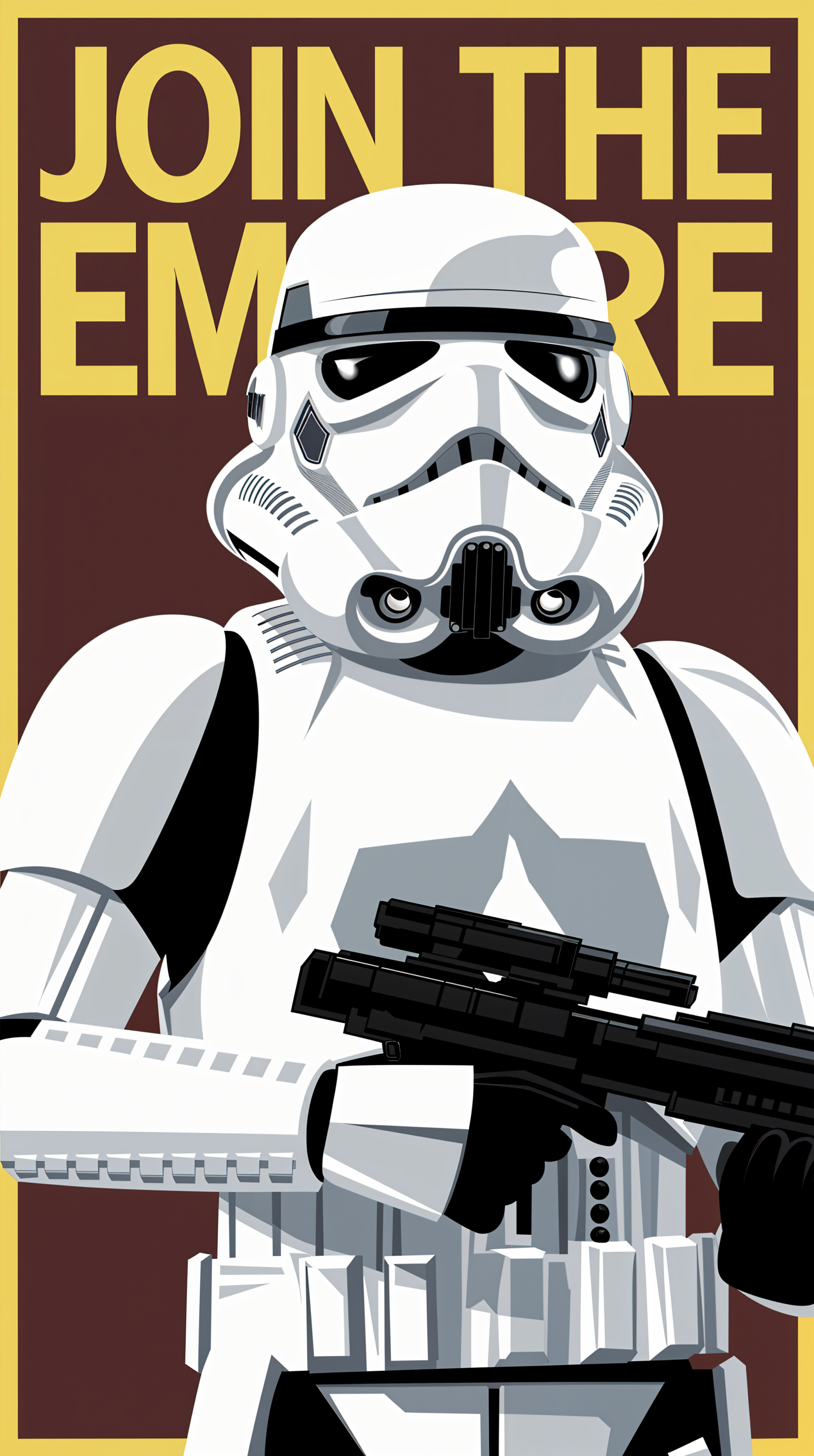A stylized stormtrooper stands confidently, holding a blaster, against a bold background with the text JOIN THE EMPIRE, designed for use as a phone wallpaper on iPhones and Android devices.