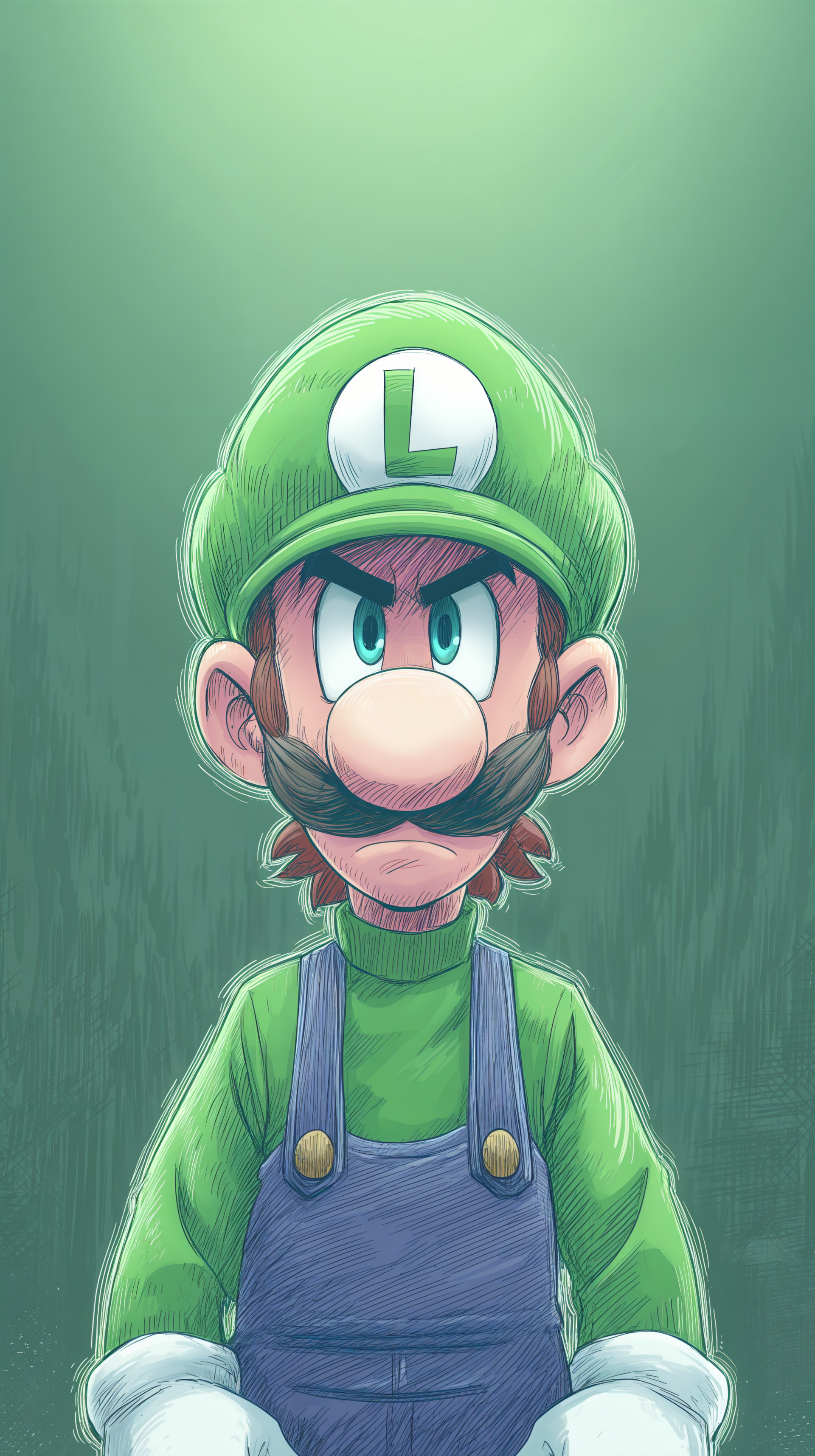 A vibrant illustration of Luigi, featuring his iconic green outfit and cap, designed as a phone wallpaper for both iPhone and Android devices.