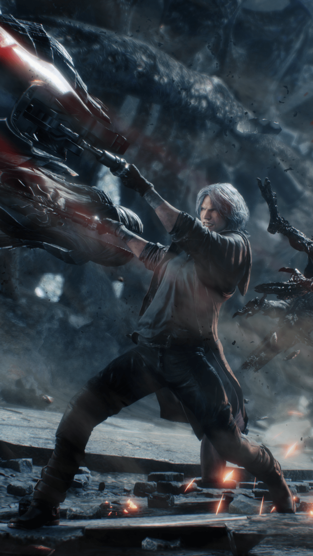 Dante from Devil May Cry 5 wields his weapon in a dynamic stance, surrounded by a chaotic environment. This captivating image serves as a striking phone wallpaper for iPhones and Android devices.