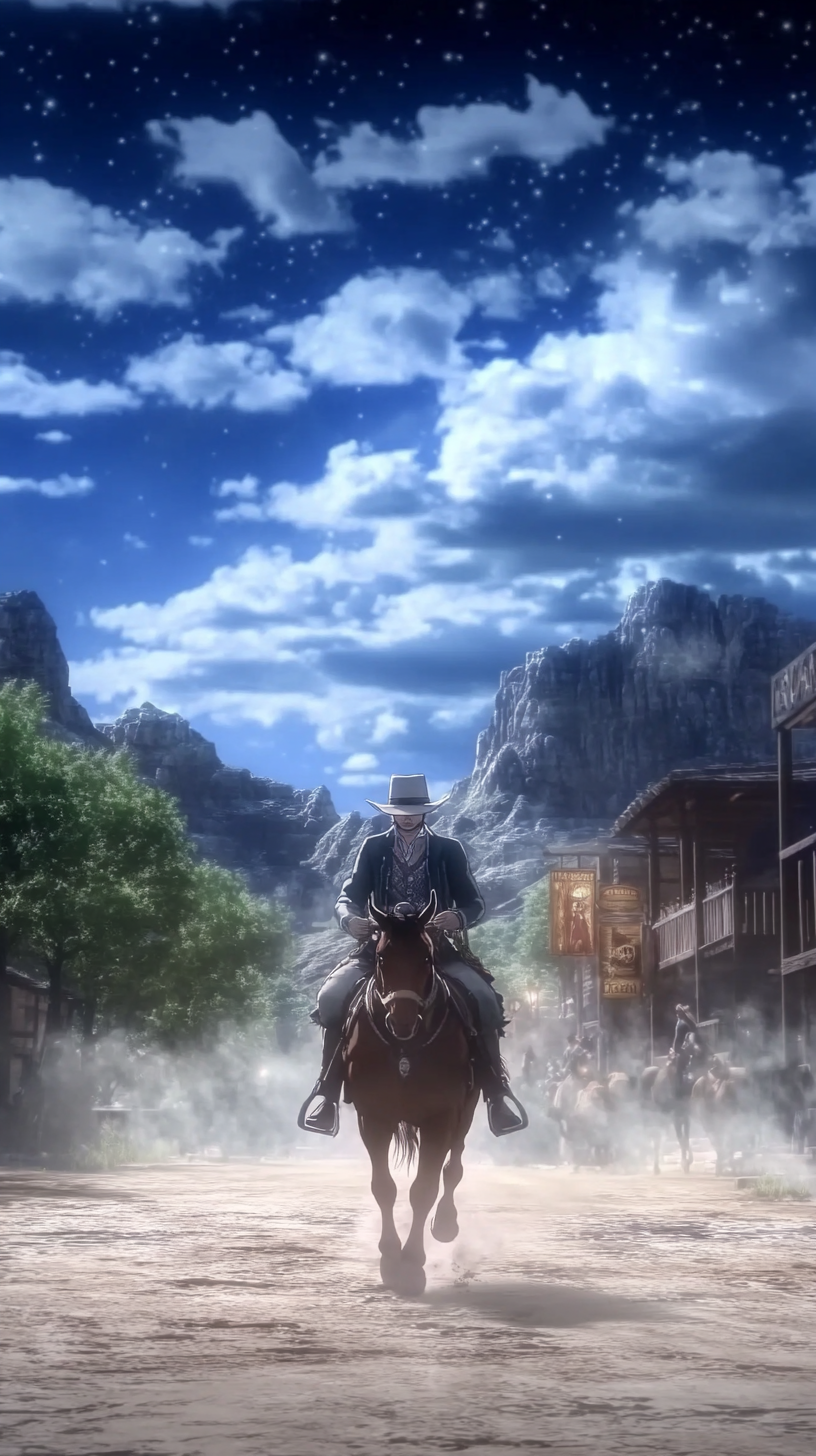 An anime-inspired cowboy rides through a dusty western town under a starry sky, creating a captivating phone wallpaper for iPhones and Android devices.
