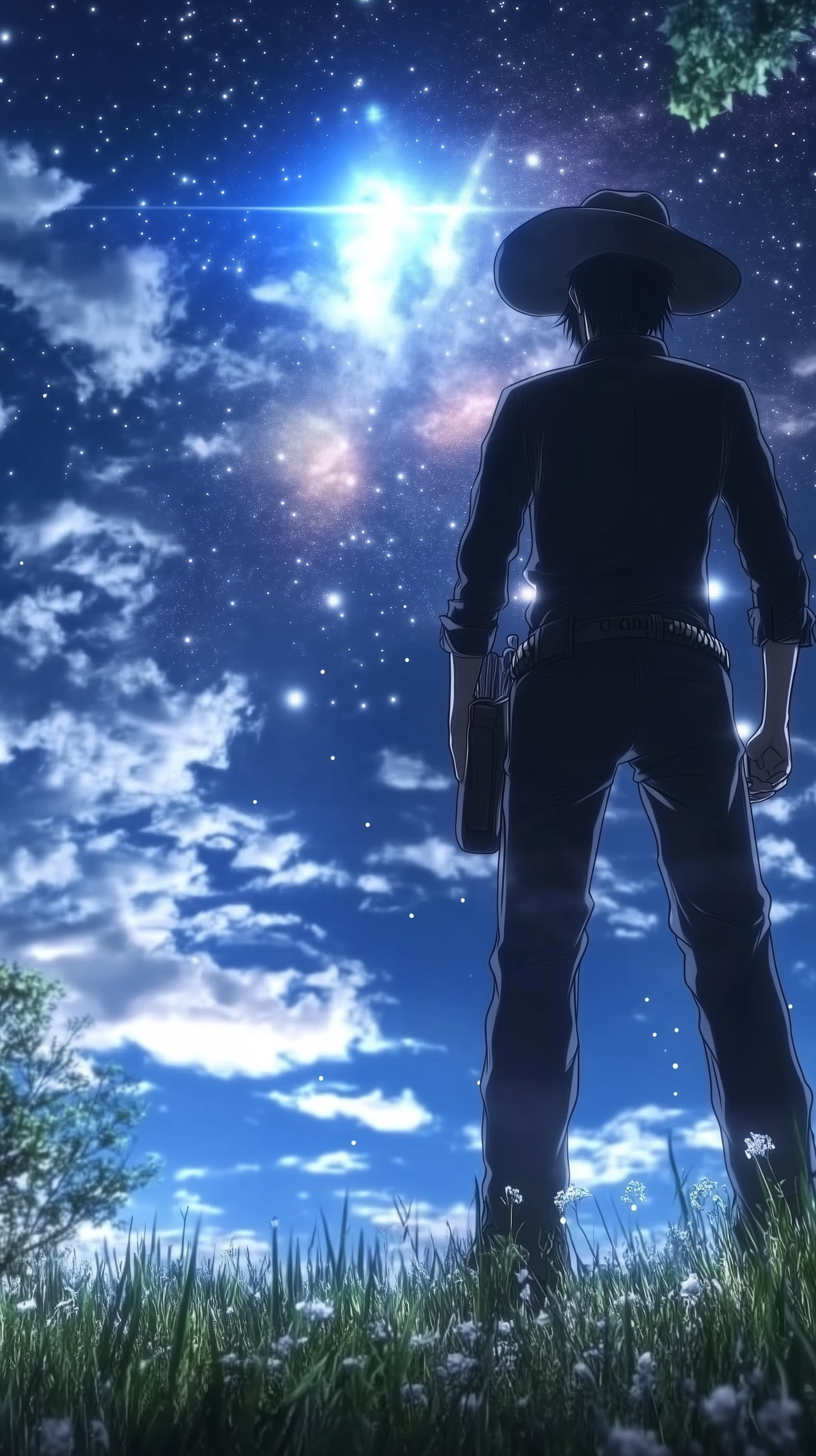 An anime cowboy stands in a lush field under a starry night sky, with vibrant clouds and a cosmic glow, making for an engaging phone wallpaper for iPhone and Android devices.