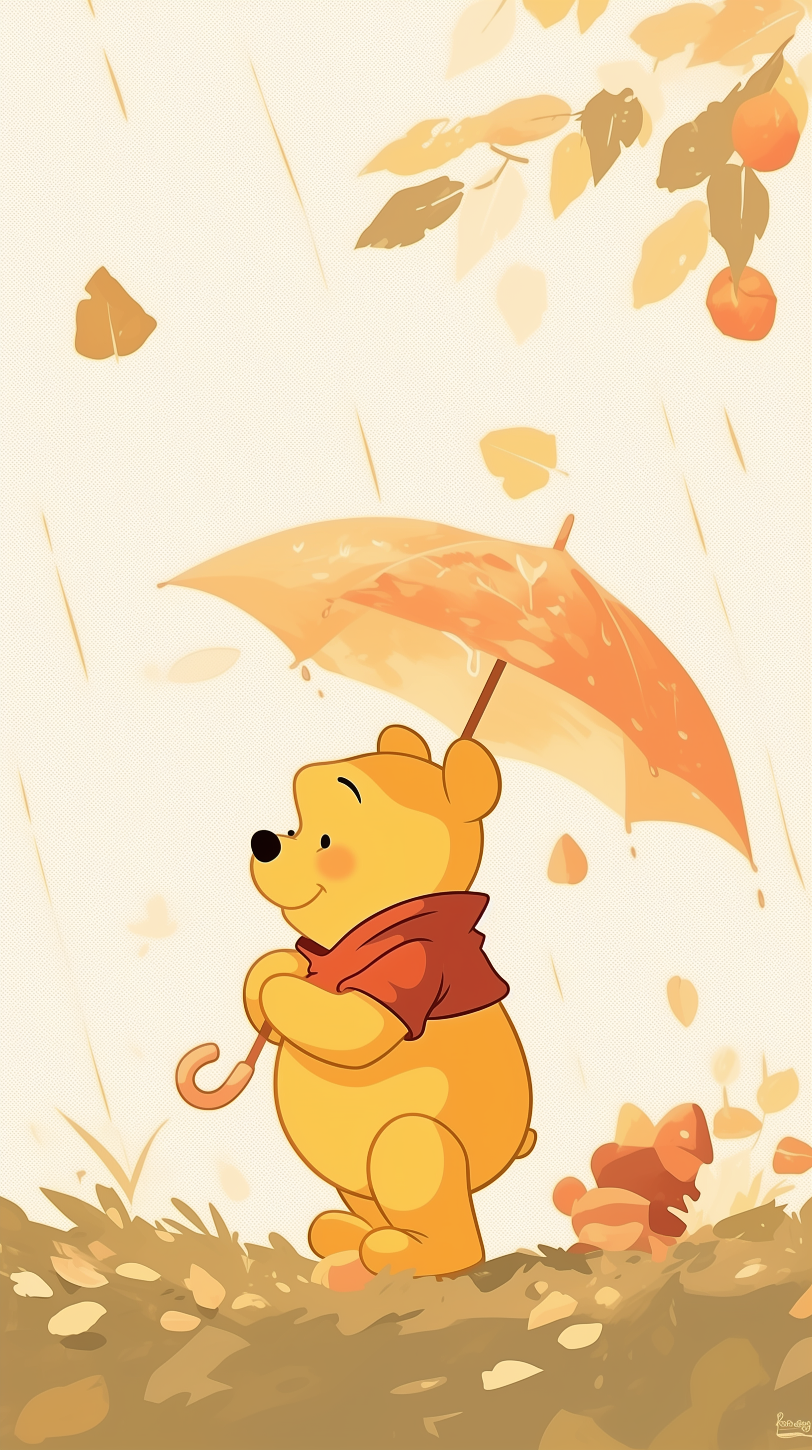 Winnie the Pooh stands under a cheerful orange umbrella, surrounded by falling leaves, creating a warm and whimsical phone wallpaper for iPhones and Android devices.