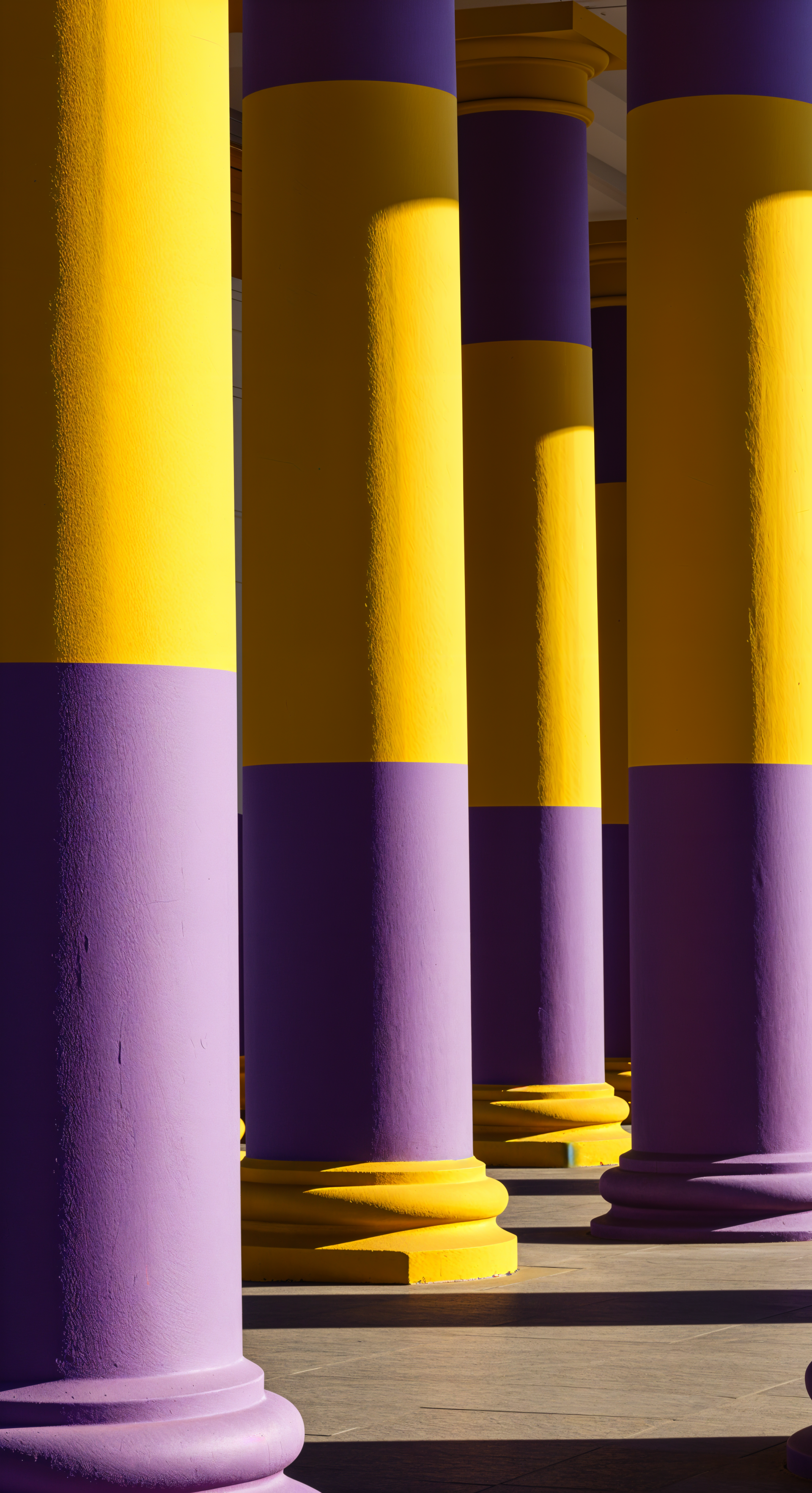 Abstract architectural phone wallpaper featuring tall columns painted in bold yellow and purple, creating a vibrant pattern with light and shadow on a smooth floor.