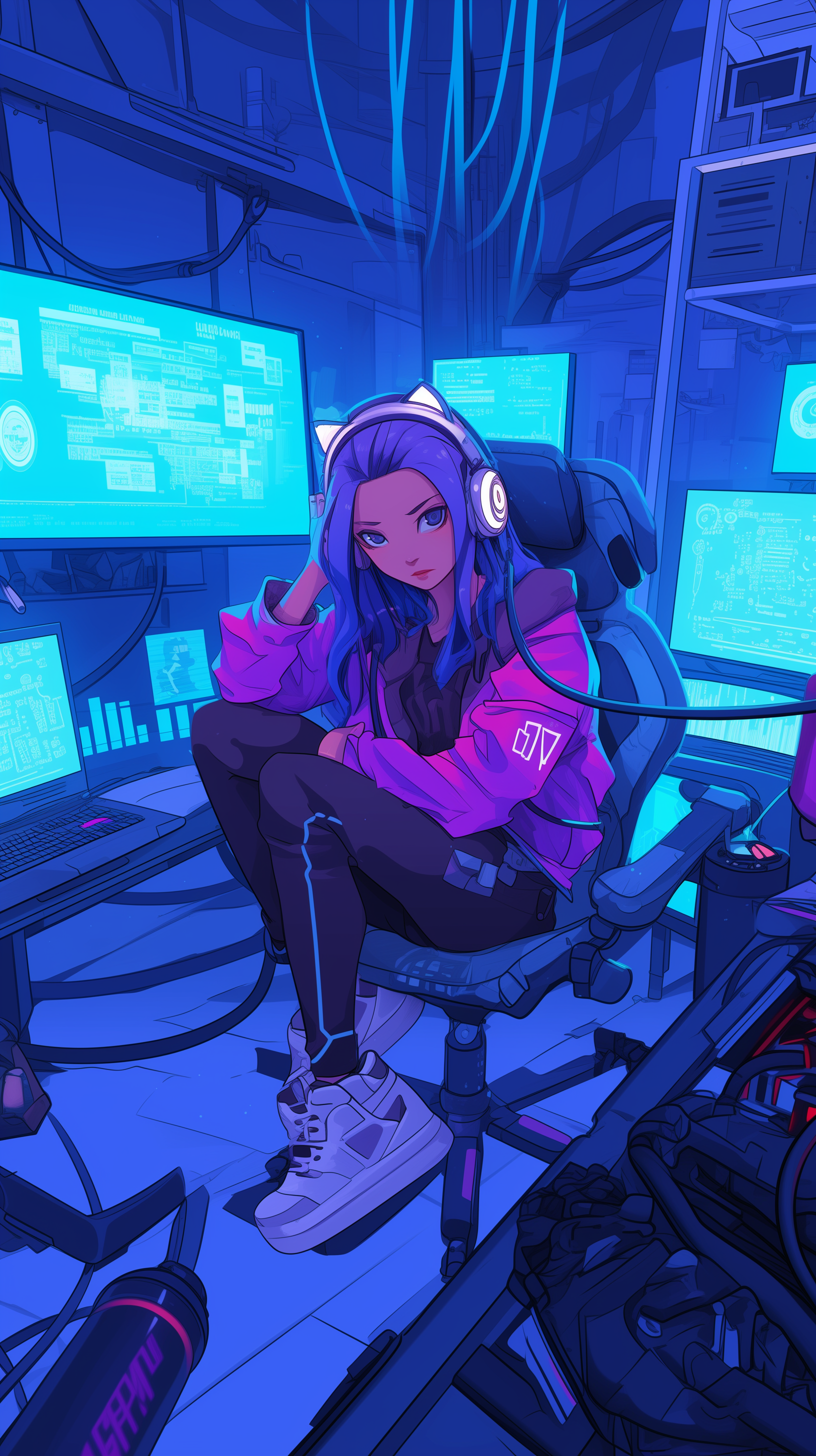 Anime girl with blue hair sits in a futuristic gaming setup, wearing headphones and a vibrant pink jacket, surrounded by glowing screens and a tech-inspired atmosphere. Great as a phone wallpaper.
