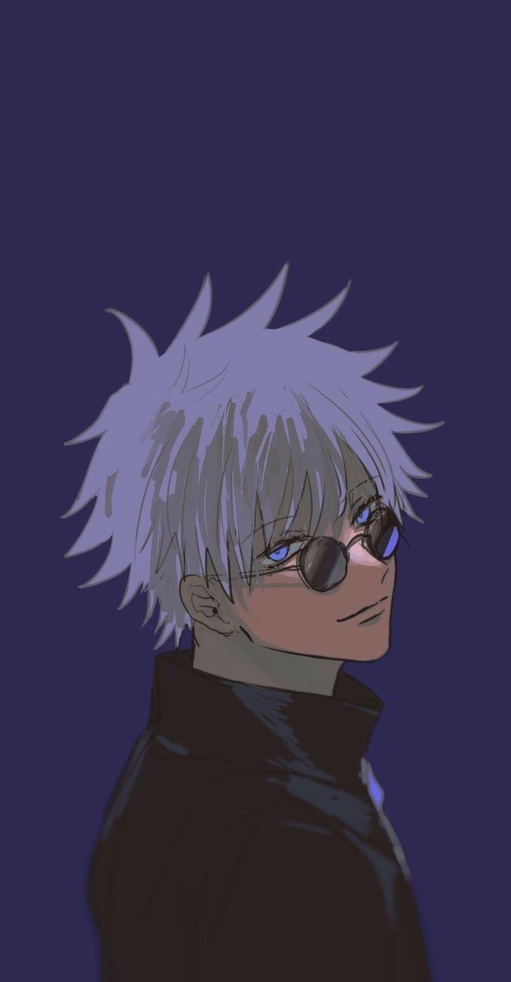 Anime wallpaper featuring Satoru Gojo from Jujutsu Kaisen. The character is depicted with striking white hair and sunglasses against a deep purple background.