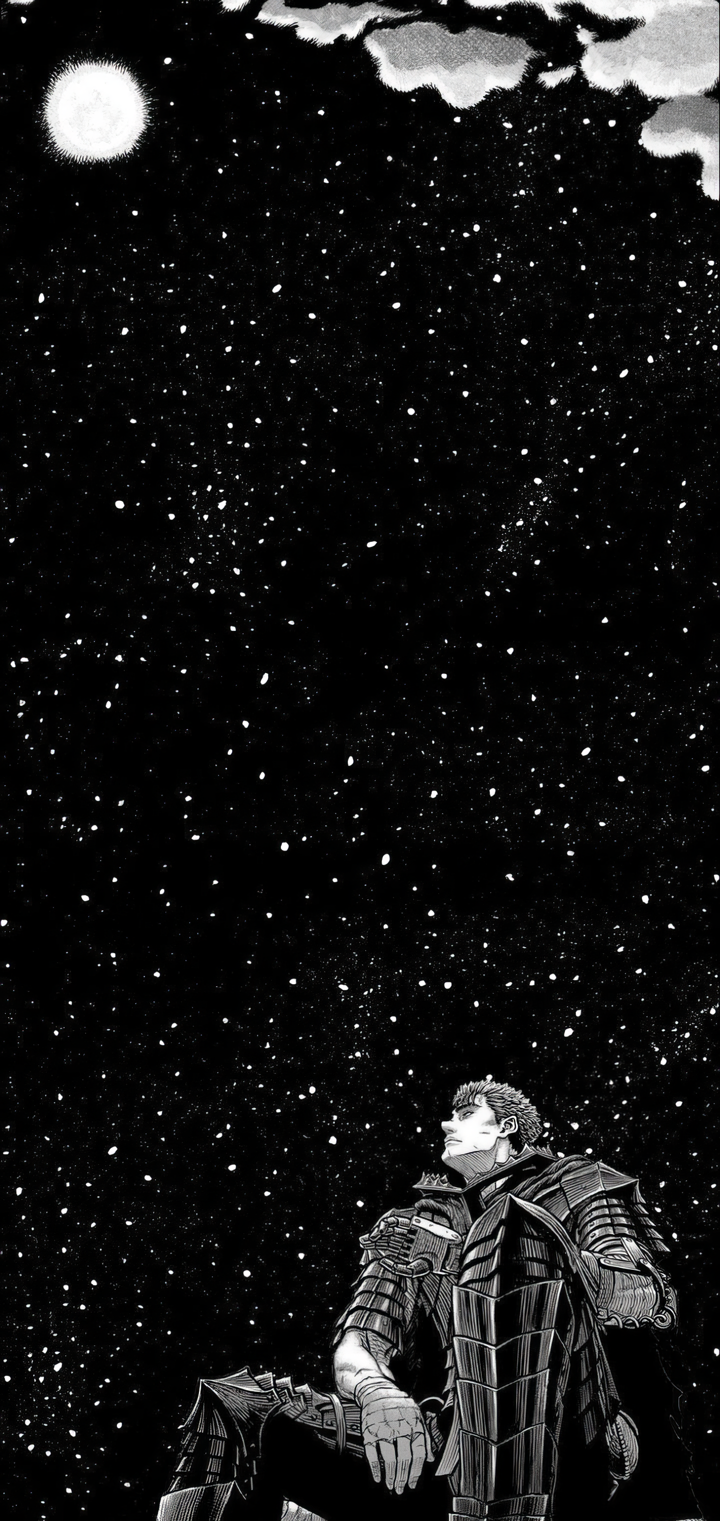 Black-and-white manga-style phone wallpaper featuring Guts from Berserk sitting under a starry night sky with a bright moon, designed for iPhone and Android screens.