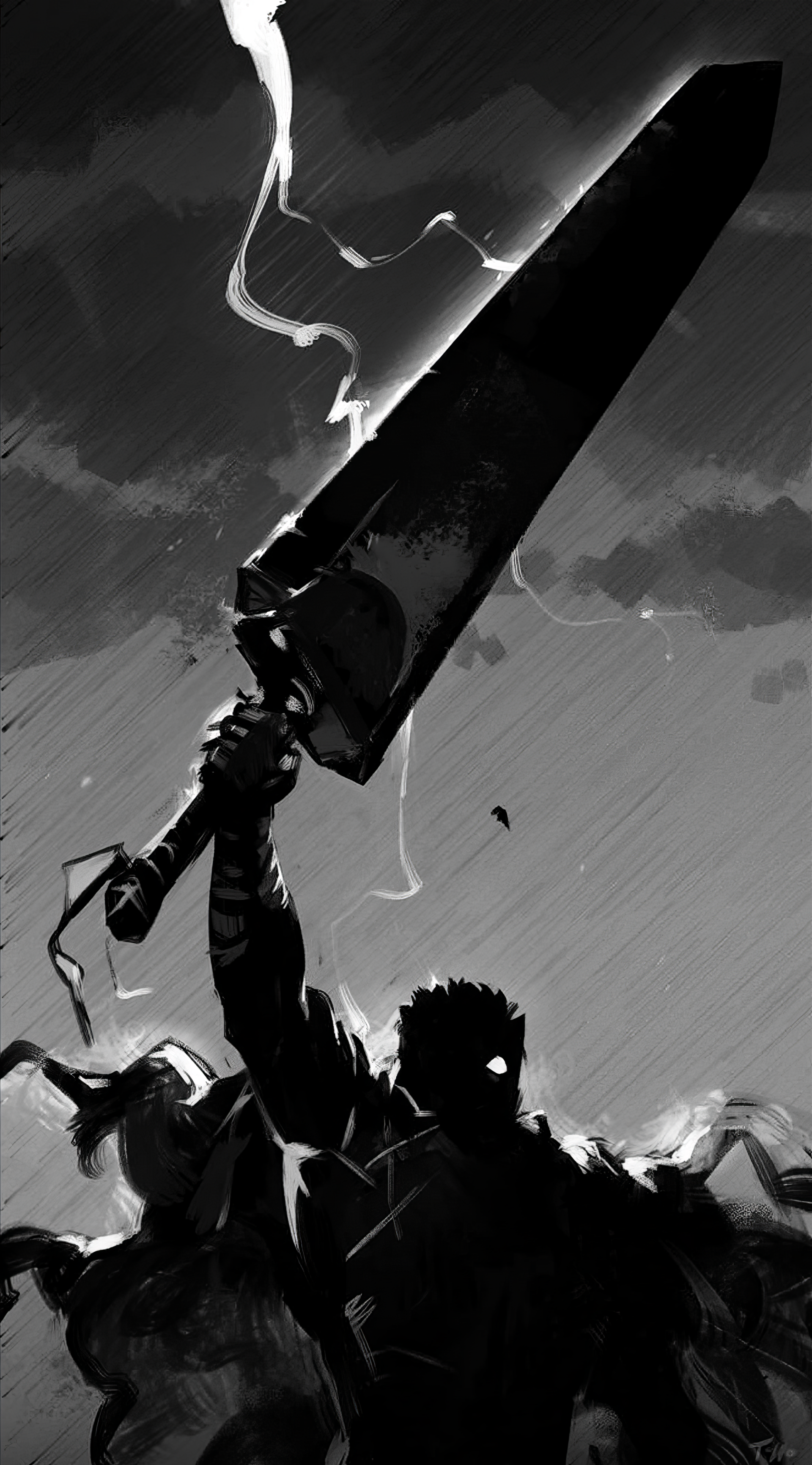 A striking black-and-white illustration of Guts from Berserk, brandishing a large sword against a stormy backdrop. This dynamic artwork serves as a captivating phone wallpaper.