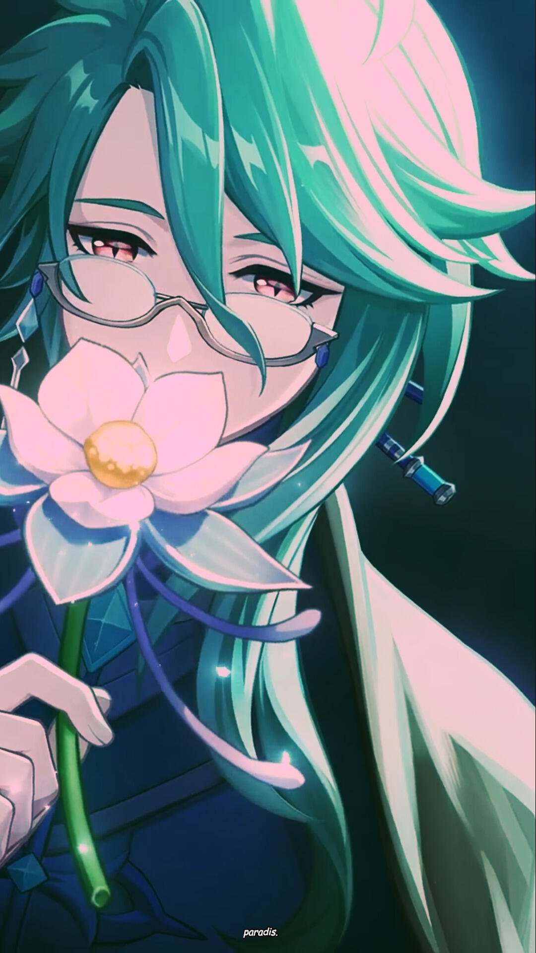 A stunning phone wallpaper featuring Baizhu from Genshin Impact, showcasing his signature green hair and glasses, holding a delicate lotus flower against a vibrant backdrop.