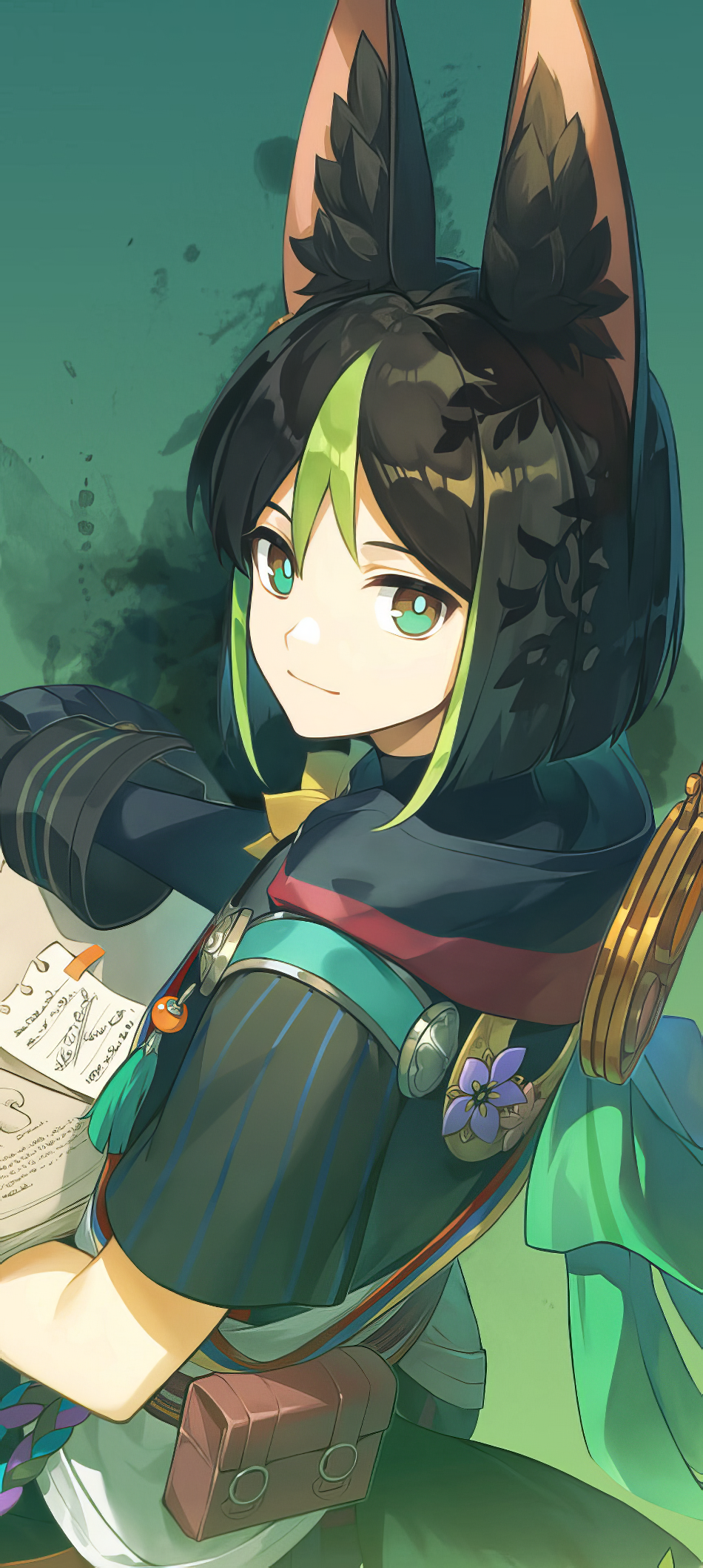 A vibrant phone wallpaper featuring Tighnari from Genshin Impact, showcasing his distinctive green and black hair, pointed ears, and an engaging expression amidst a colorful background.