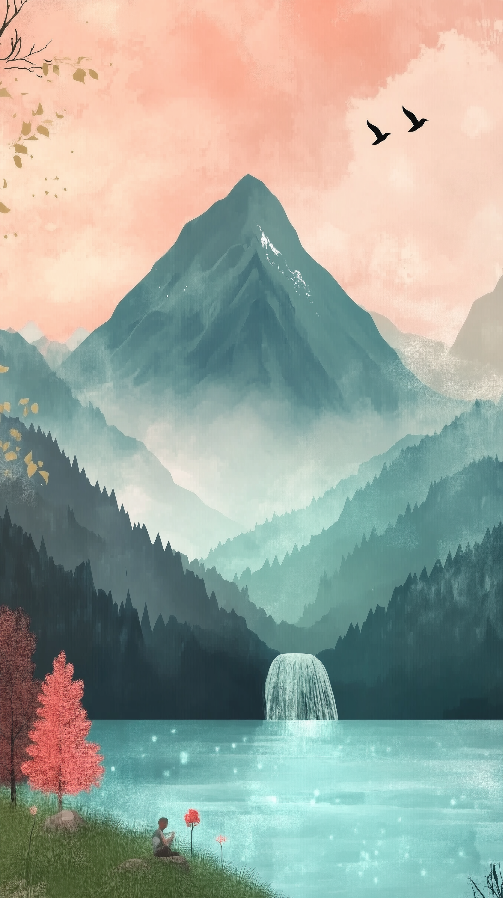 Artistic fantasy landscape wallpaper for phones featuring a towering mountain, cascading waterfall, misty forest, and serene lake under a soft pink sky with birds flying.