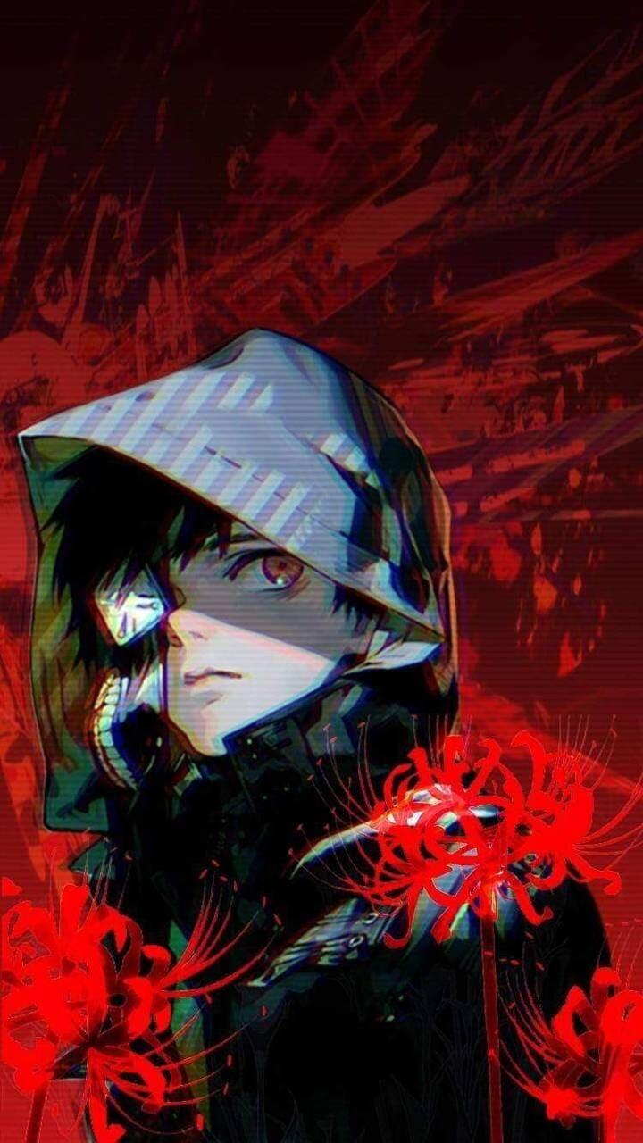 Ken Kaneki from Tokyo Ghoul stands against a striking black and red background, making this dynamic anime wallpaper a standout choice for your phone.