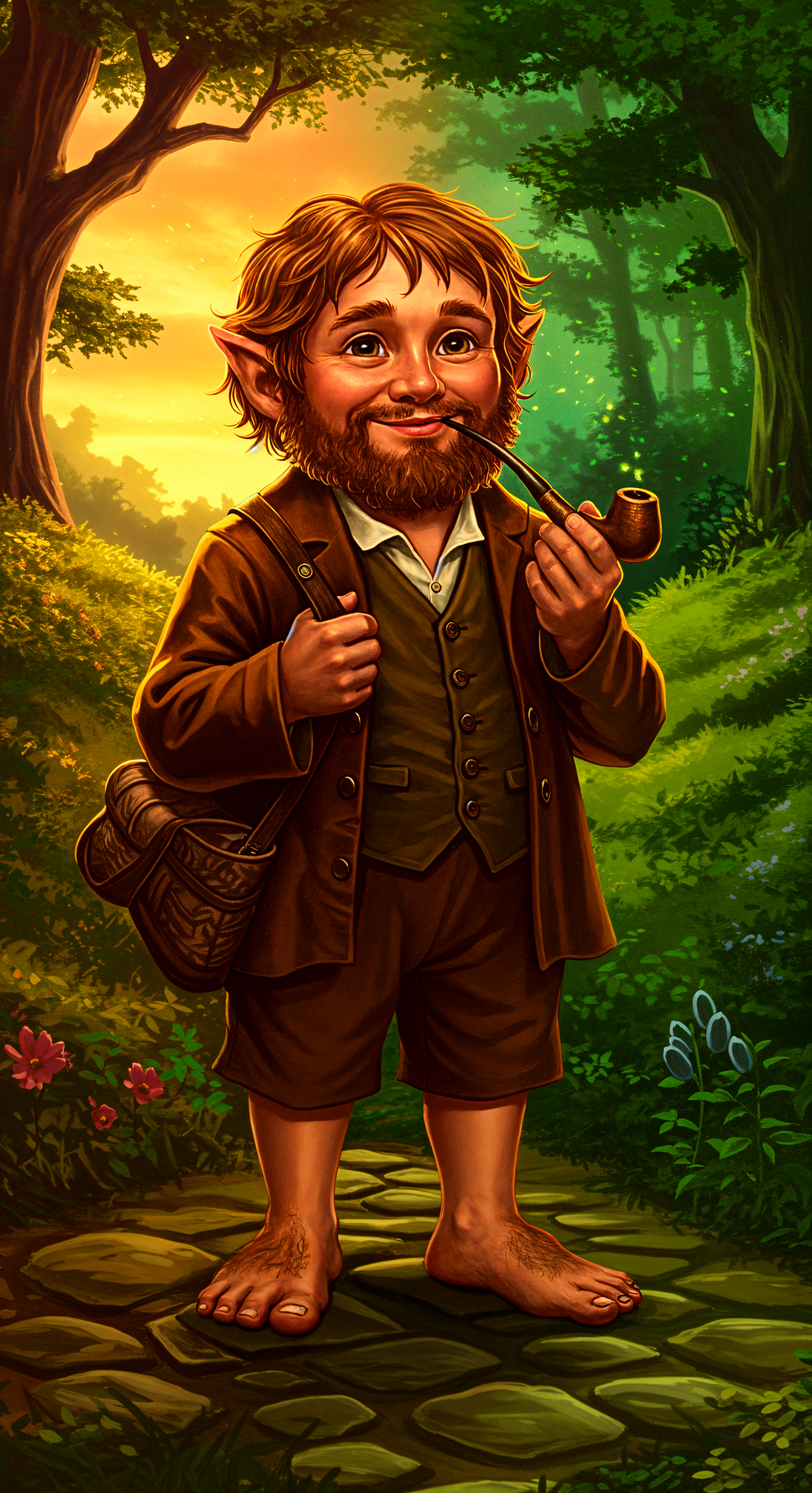 A whimsical hobbit stands on a lush path, smiling while holding a pipe. This vibrant artwork is designed as a phone wallpaper for both iPhone and Android devices.