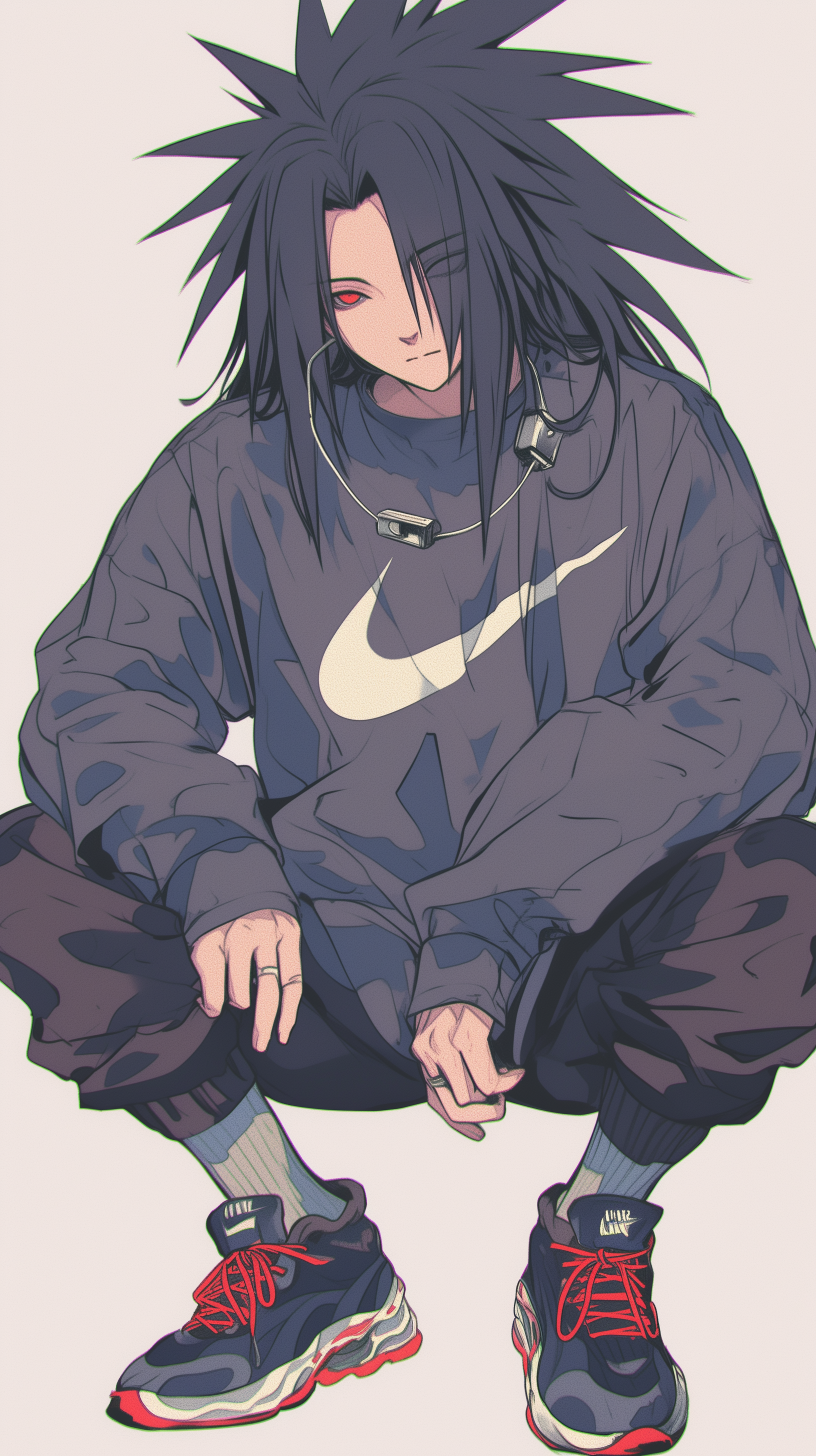 Anime character Madara Uchiha sports a Nike sweatshirt and sneakers while sitting casually. This vibrant digital artwork makes a stylish phone wallpaper for iPhones and Android devices.