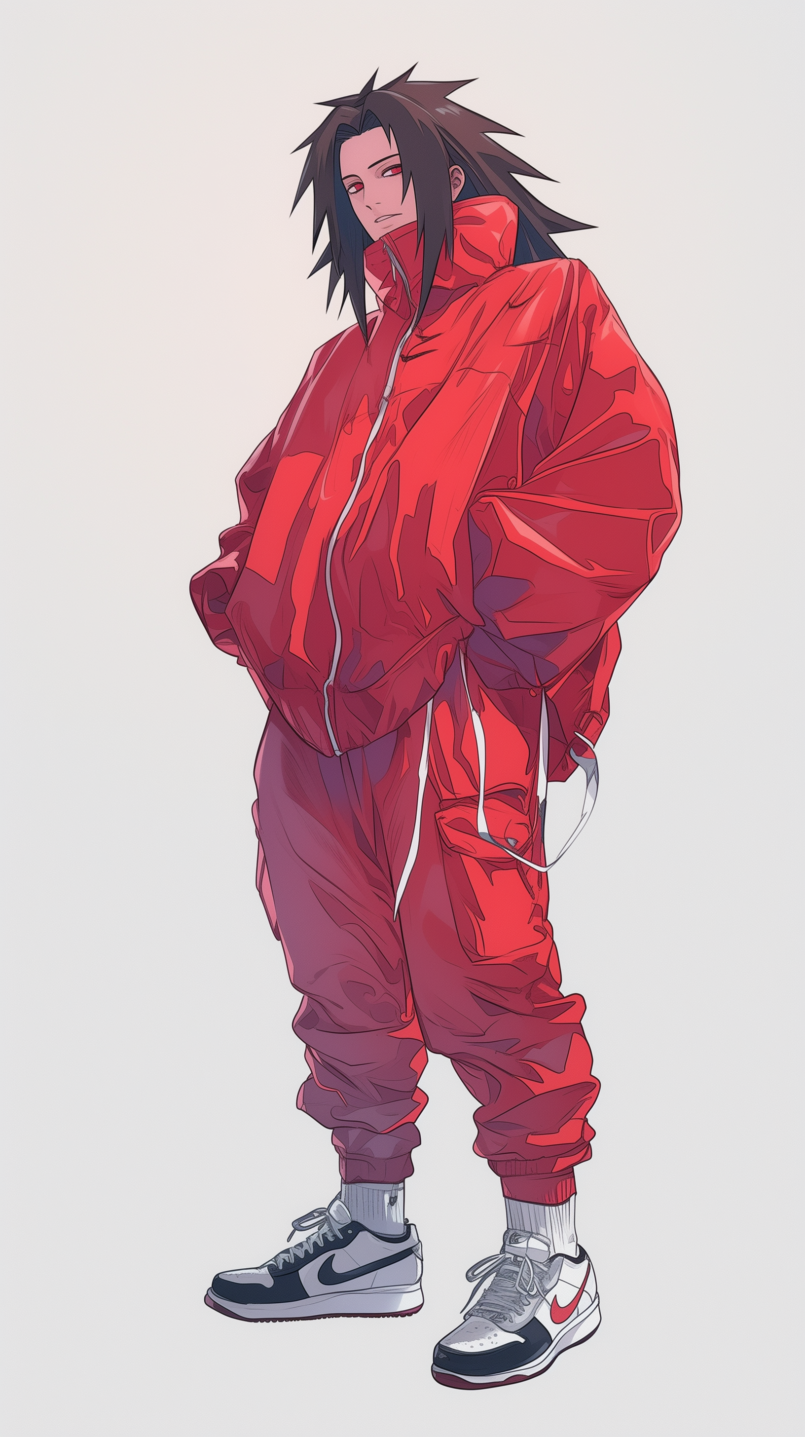 A stylish depiction of Madara Uchiha from Naruto, wearing a red tracksuit and sneakers, designed for phone wallpapers compatible with iPhones and Android devices.