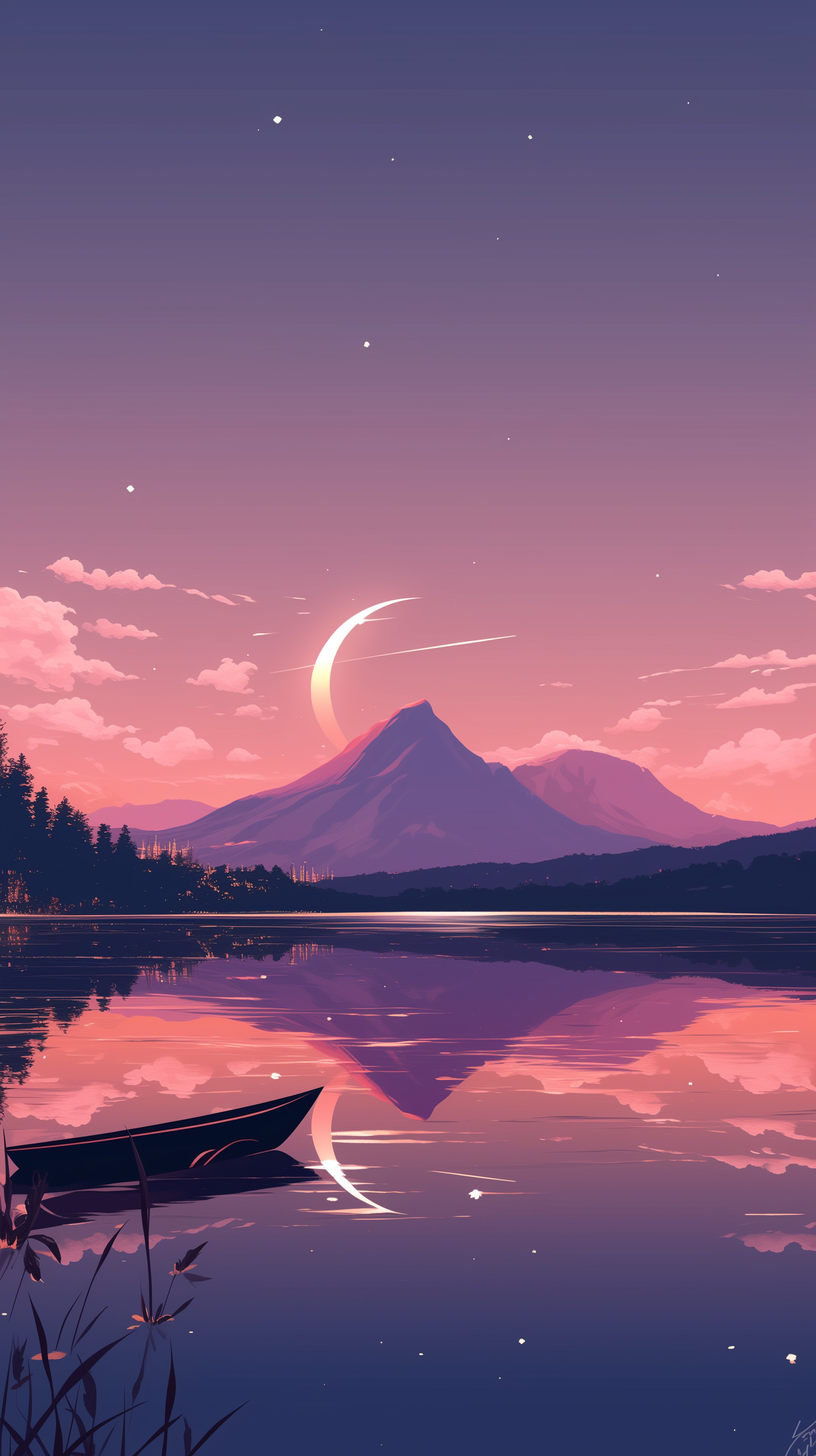 Artistic phone wallpaper of a tranquil mountain landscape at dusk with crescent moon and stars reflecting on a calm lake, designed for iPhones and Android devices.