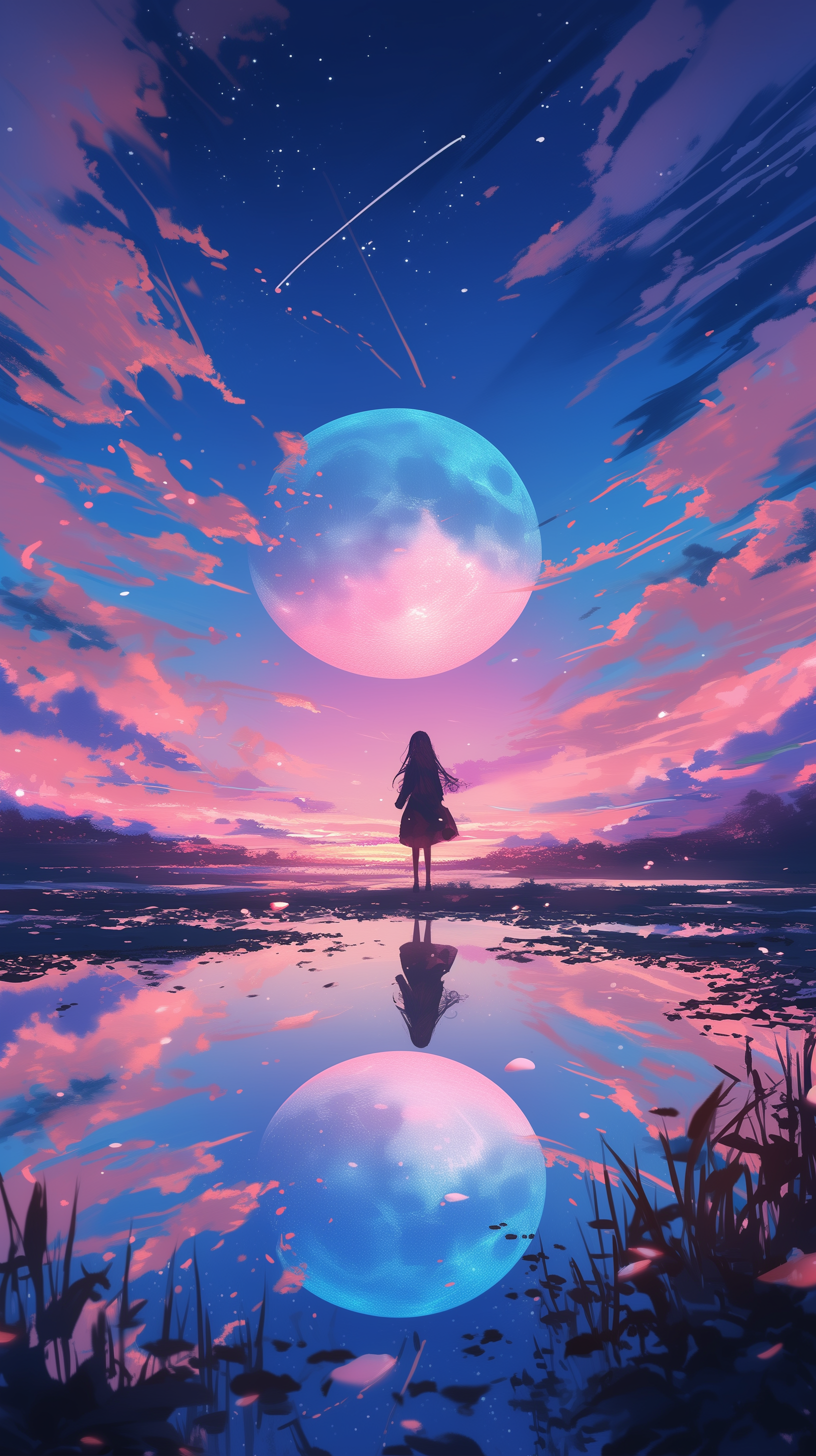 Anime-style phone wallpaper showing a moonrise with a large glowing moon, vibrant twilight sky, and a silhouetted figure reflected in the water below, fitting both iPhone and Android screens.