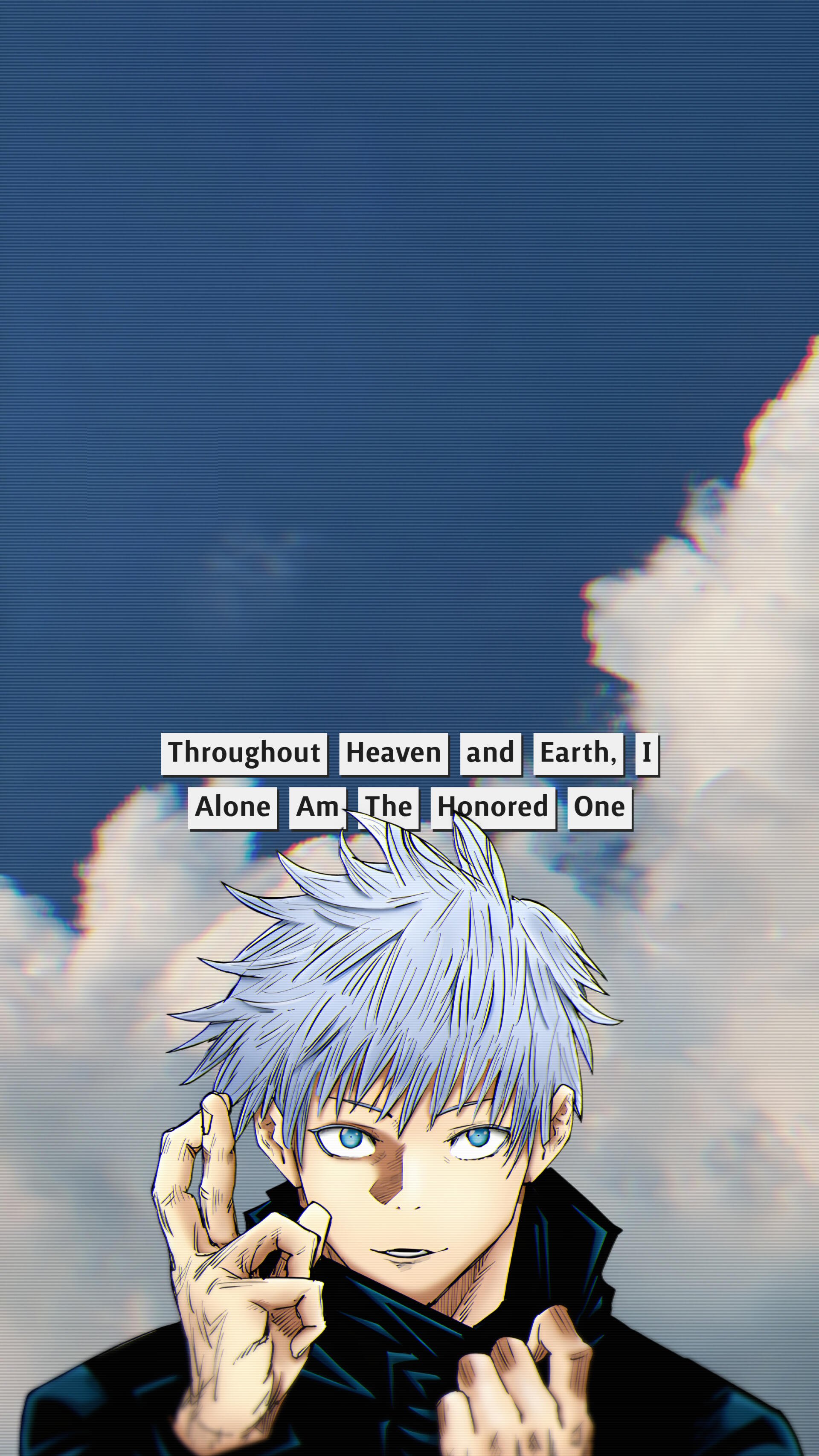 Phone wallpaper featuring anime character Satoru Gojo from Jujutsu Kaisen and its 2nd Season and 0, set against a blue sky with clouds and text overlay.