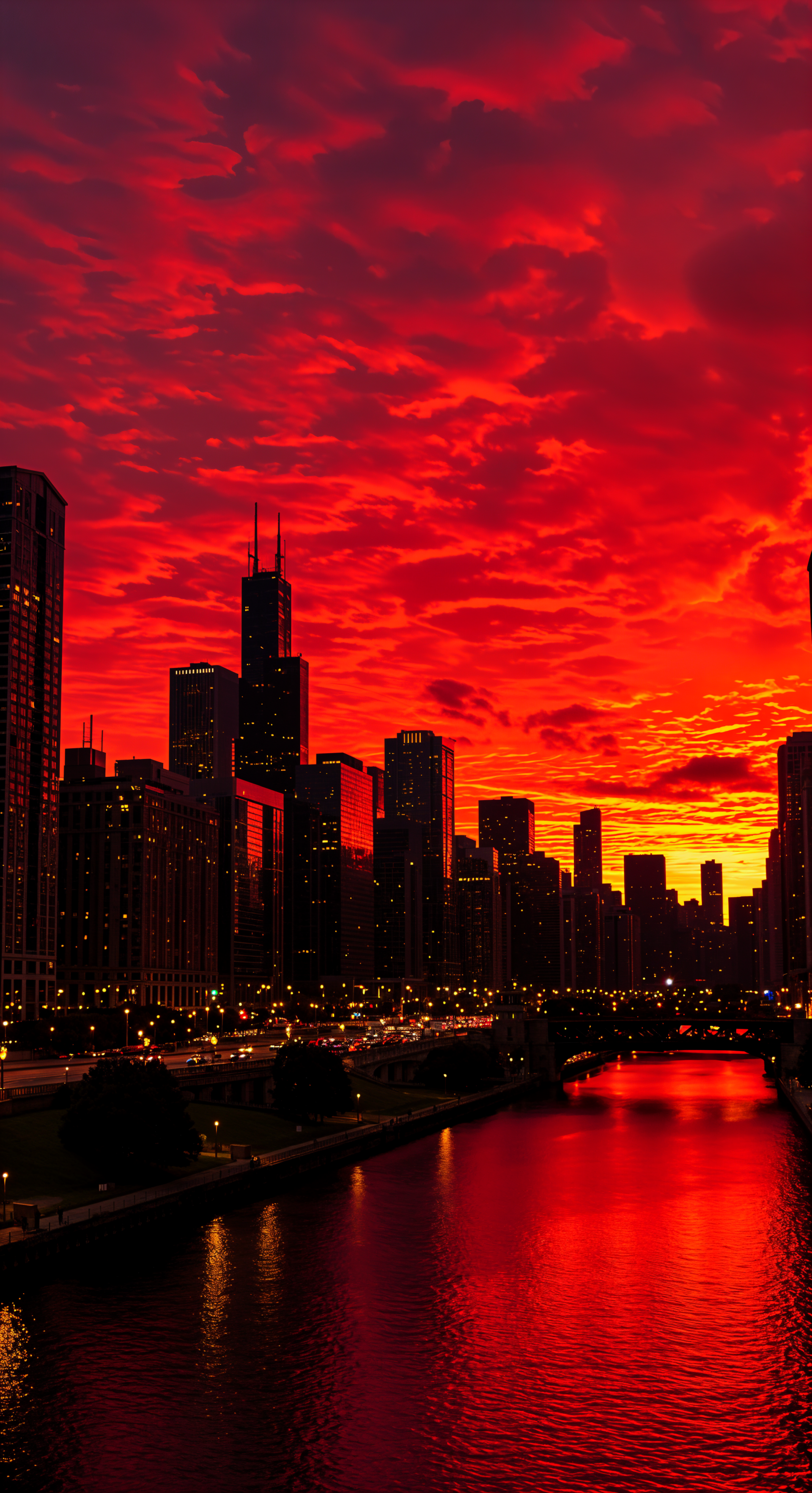 A stunning Chicago skyline at sunset, with vibrant red and orange hues reflected in the river, makes a striking phone wallpaper for iPhones and Android devices.
