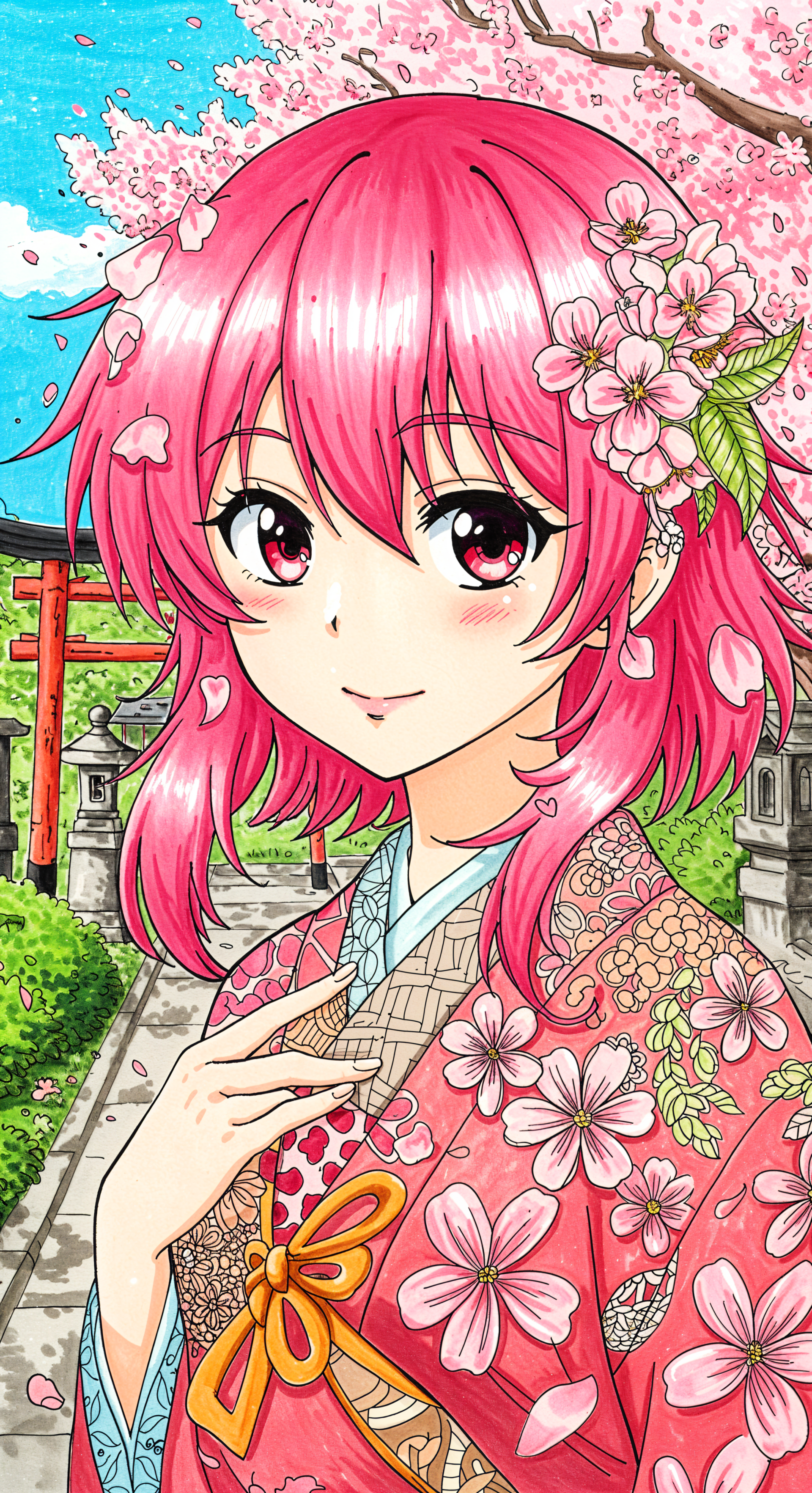 A vibrant spring-themed anime wallpaper featuring a smiling character in a pink kimono adorned with cherry blossoms, set against a picturesque landscape with blooming trees.