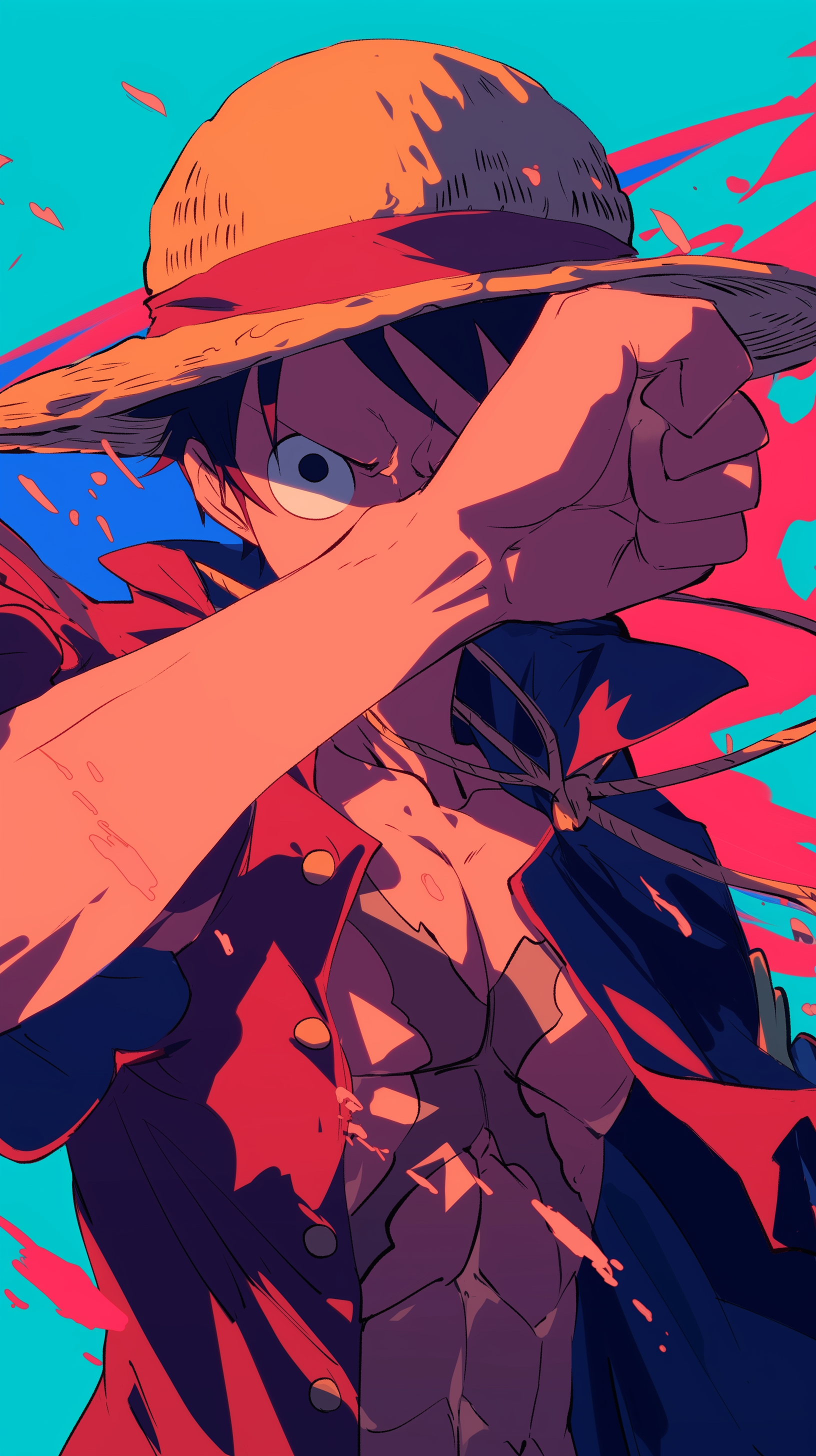 Anime-style phone wallpaper of Monkey D. Luffy from One Piece with bold colors, showcasing his iconic straw hat and intense expression, designed to fit iPhones and Android phones.