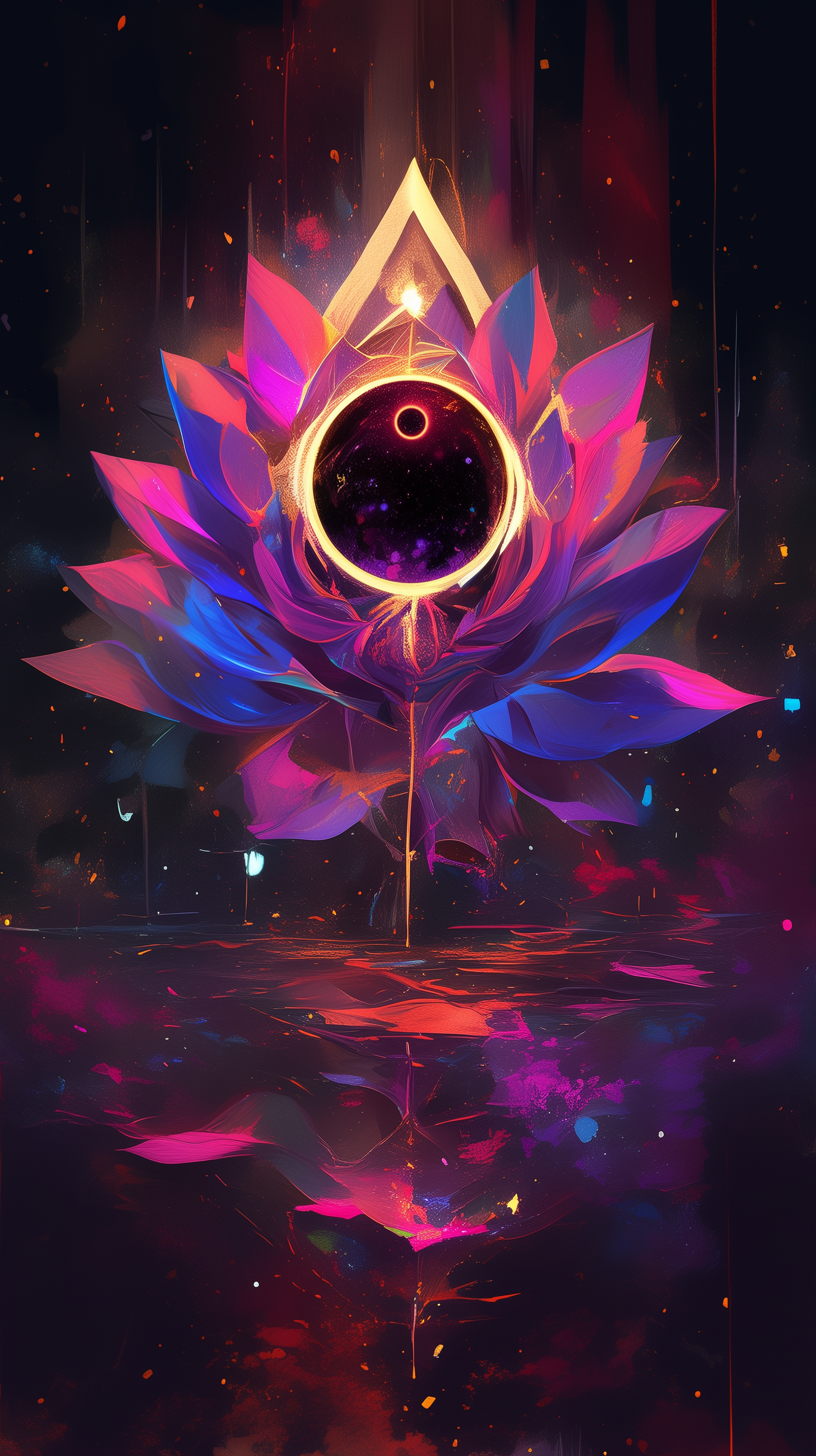 A vibrant abstract lotus with petals in shades of pink and blue, centered around a black hole, creating a captivating design for phone wallpapers on iPhones and Android devices.