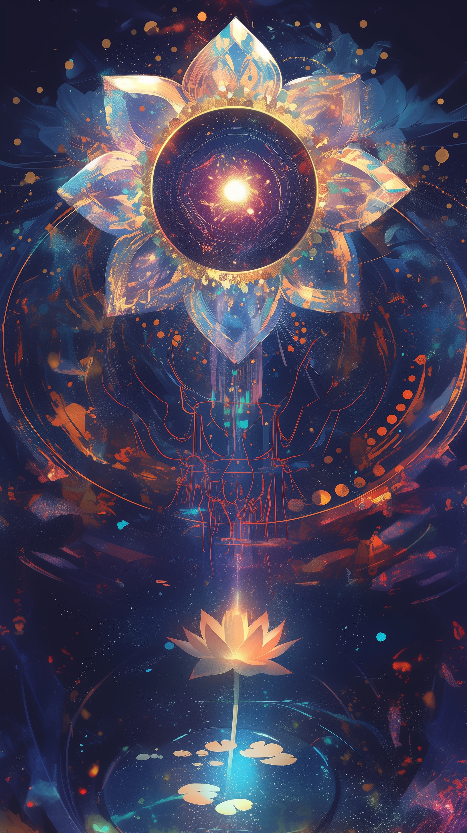 A cosmic lotus blooms against a black hole backdrop, radiating vibrant colors and energy. This mesmerizing design serves as a captivating phone wallpaper for iPhones and Android devices.