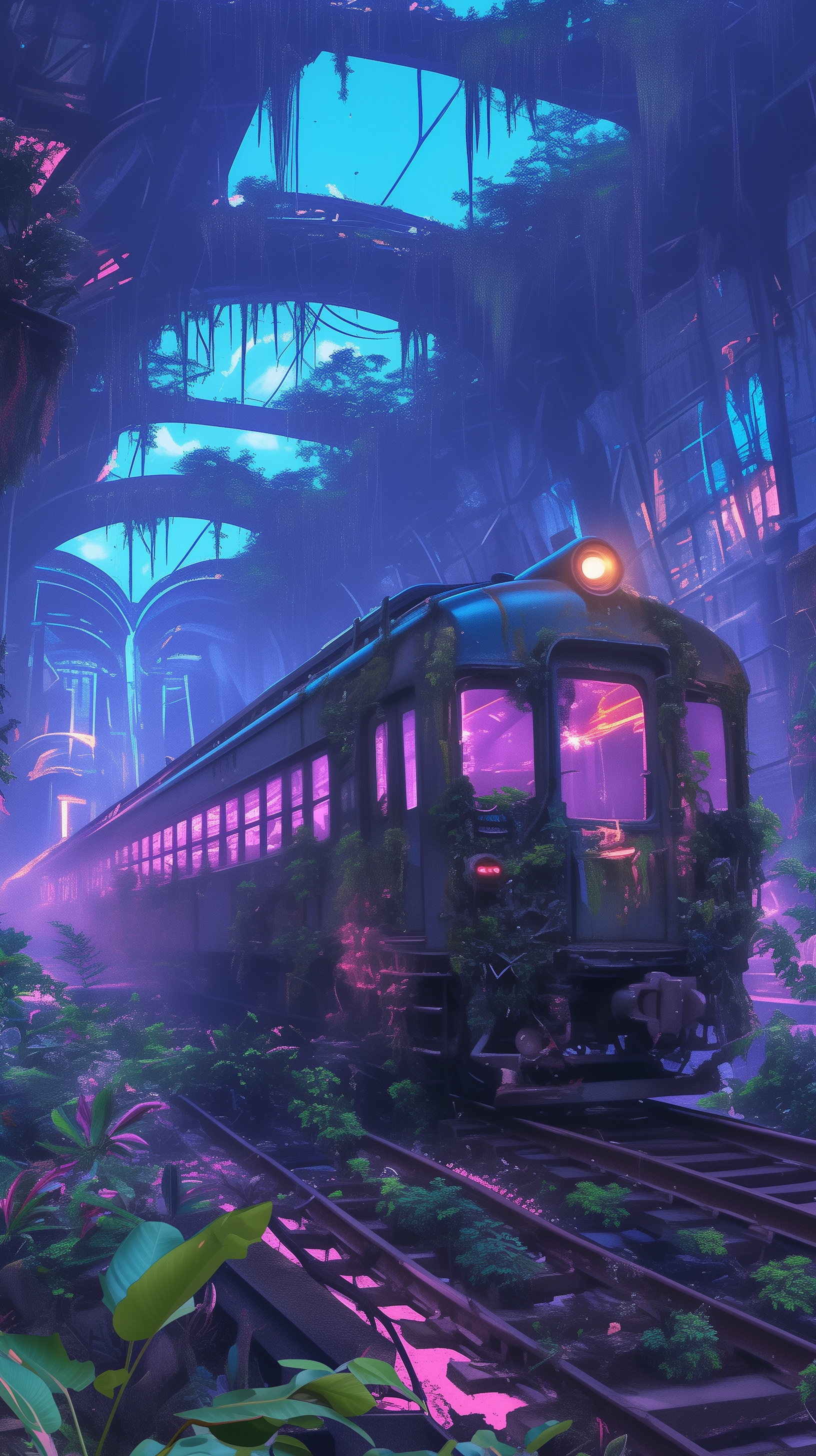 A vibrant anime train emerges through a lush, vine-filled landscape, set against a backdrop of deep blues and purples, creating a captivating, grunge-inspired nature scene.