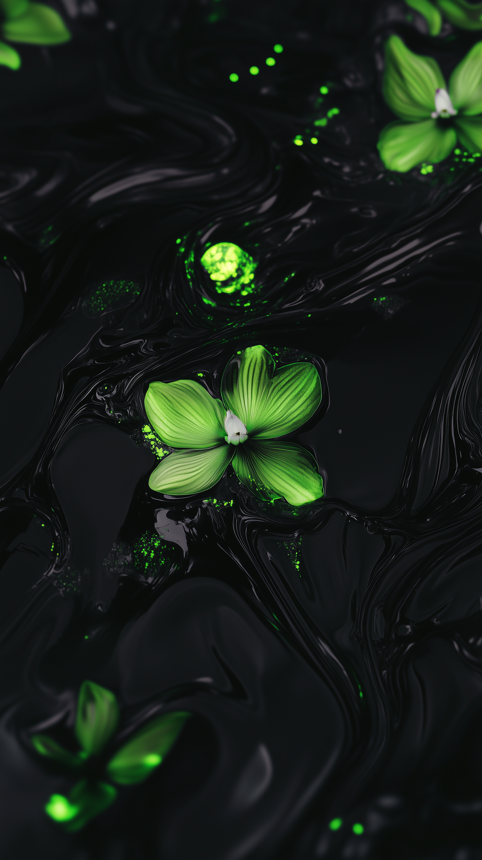 Phone wallpaper featuring vibrant green orchids floating on glossy black liquid, creating a striking contrast and modern aesthetic for iPhones and Android devices.