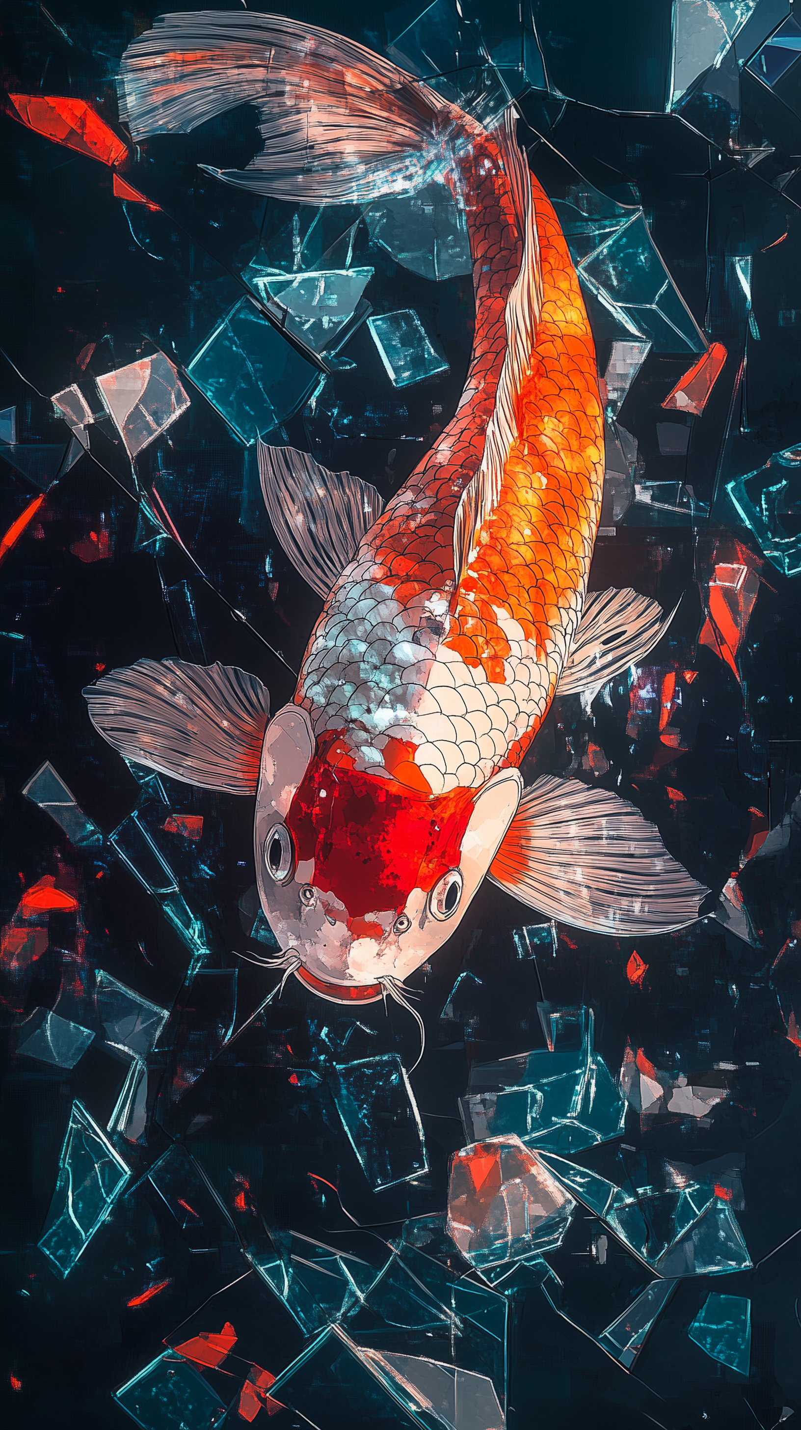 A vibrant koi fish swims amidst shards of glass, creating a striking contrast. This captivating design works well as a phone wallpaper for both iPhones and Android devices.