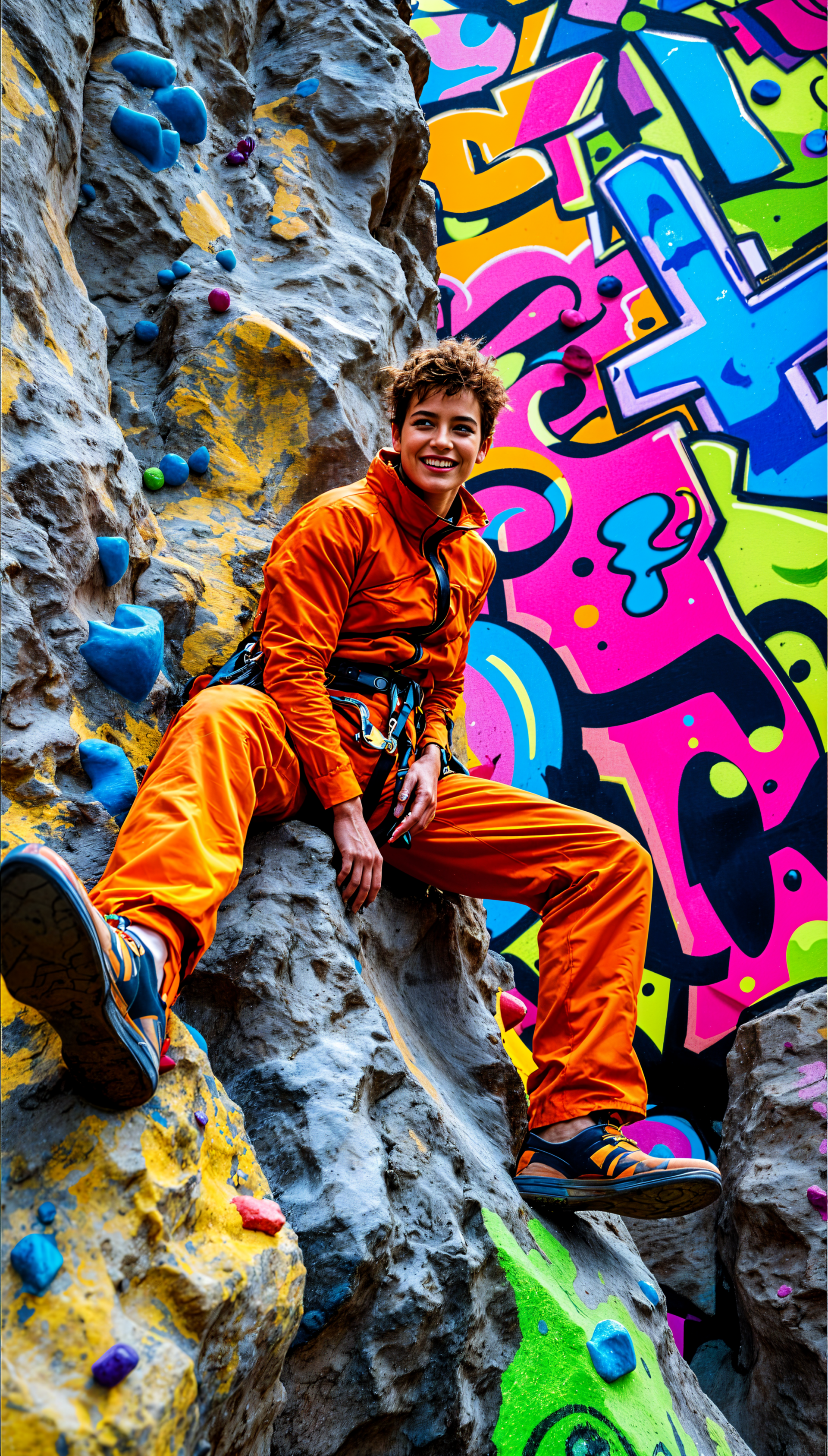 A climber in an orange outfit smiles while resting on a colorful climbing wall, featuring vibrant graffiti. This eye-catching image makes a dynamic wallpaper for iPhones and Android phones.